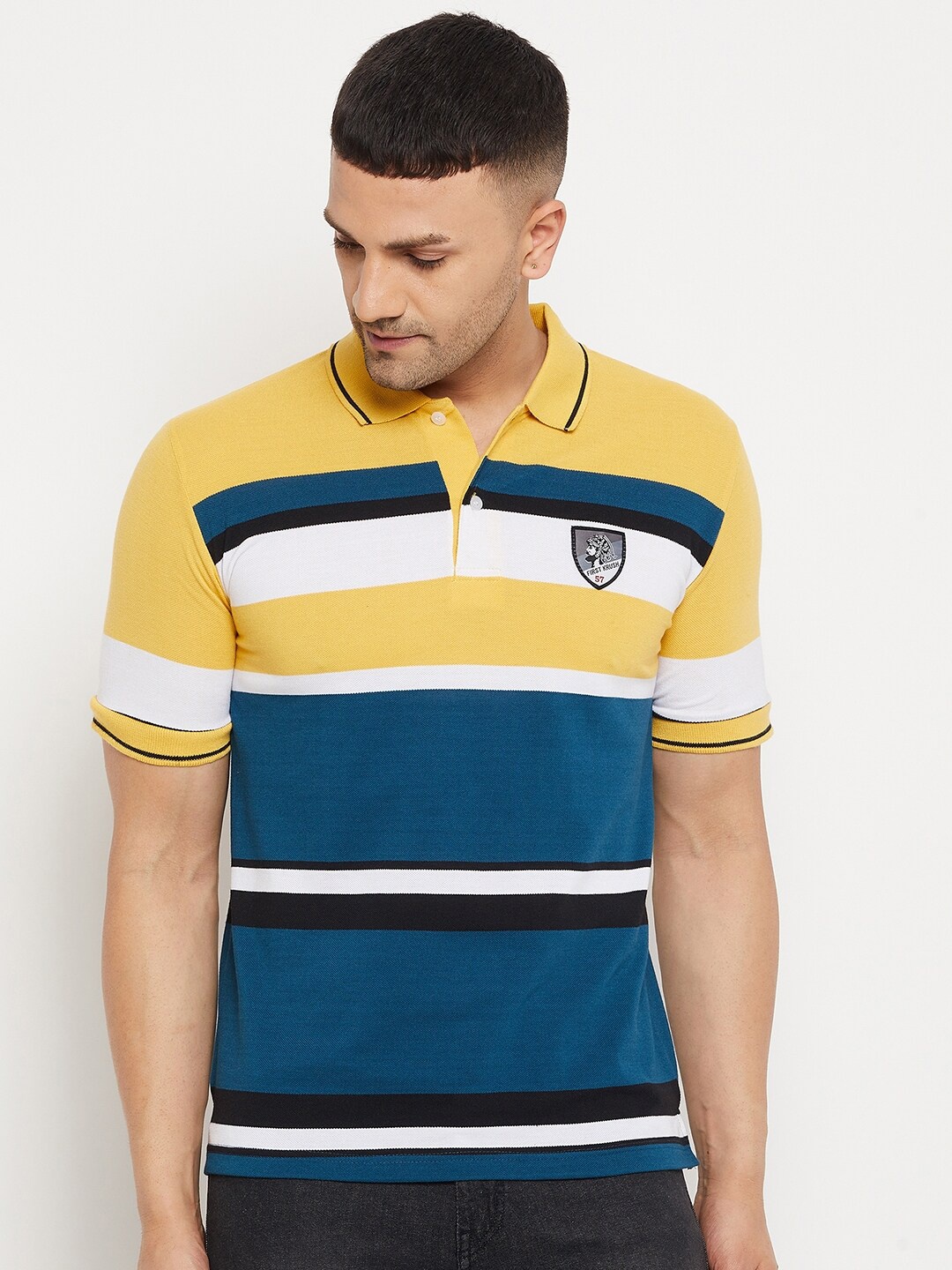 

FirstKrush Men Mustard Yellow & Blue Striped Polo Collar T-shirt