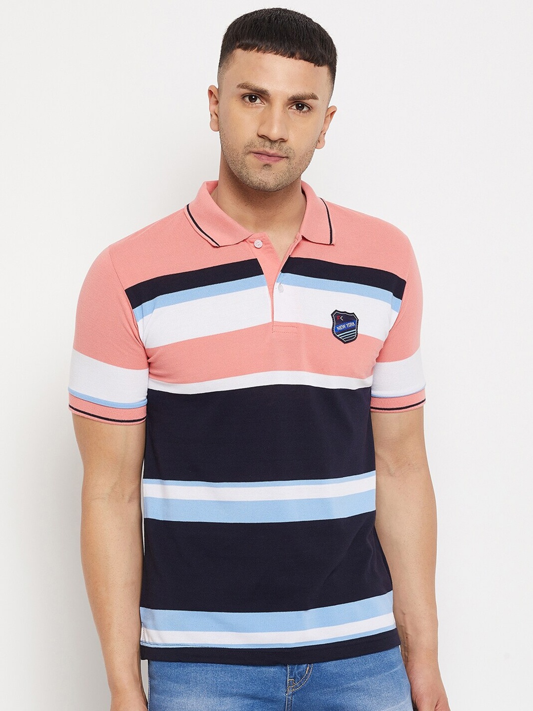 

FirstKrush Men Peach-Coloured & Blue Striped Polo Collar Applique T-shirt