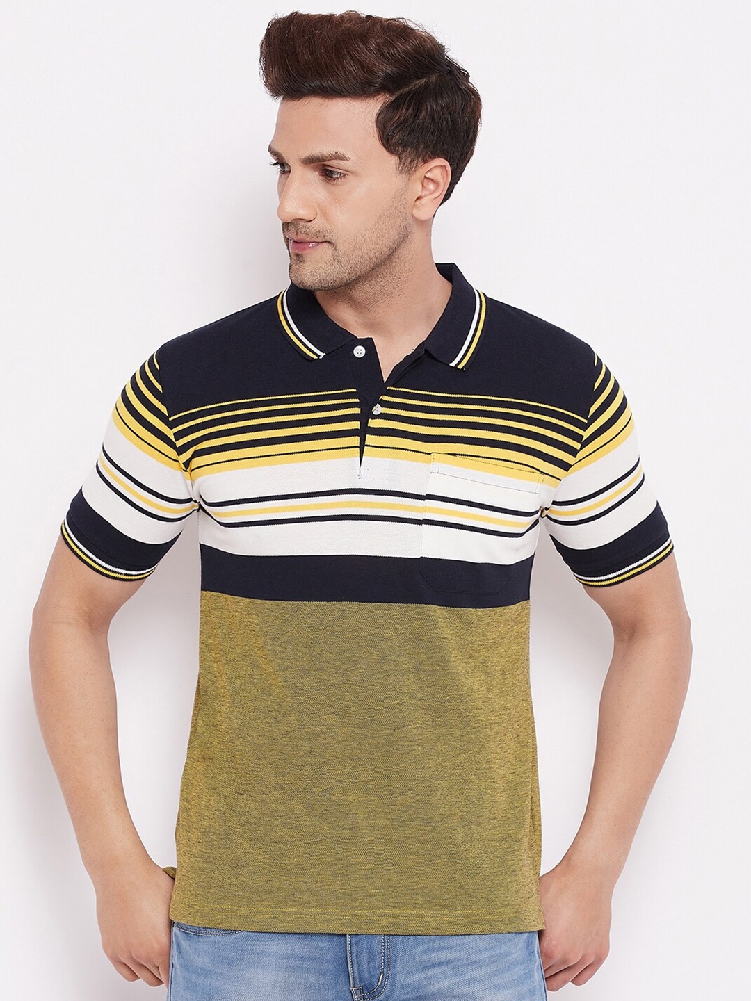

FirstKrush Men Yellow & White Striped Polo Collar Cotton T-shirt