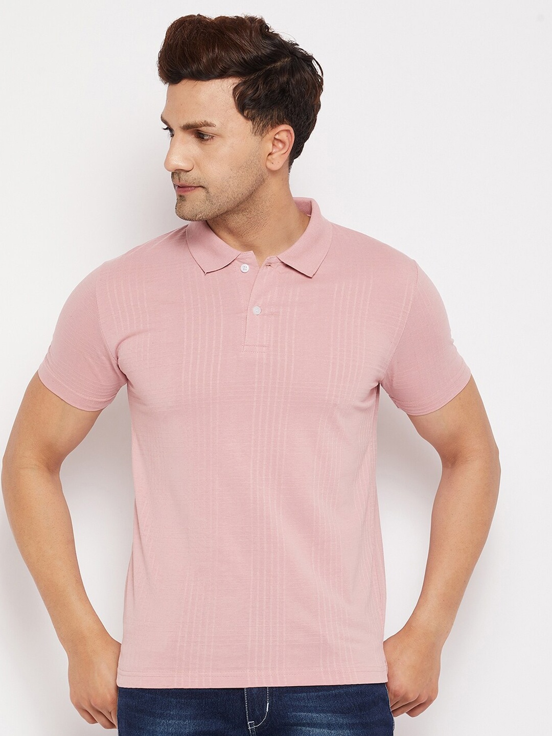 

FirstKrush Men Pink Striped Polo Collar T-shirt