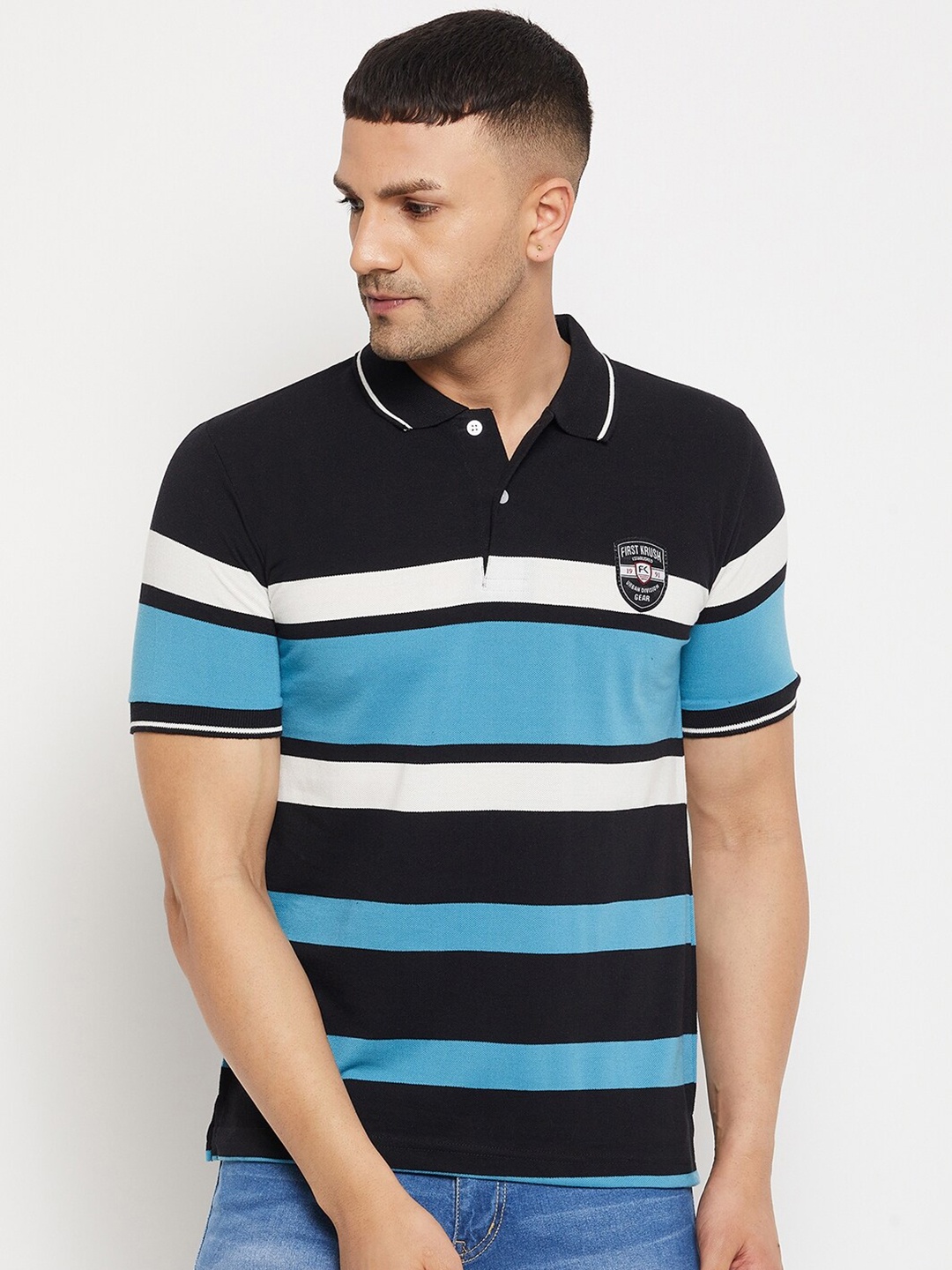 

FirstKrush Men Teal Striped Polo Collar T-shirt