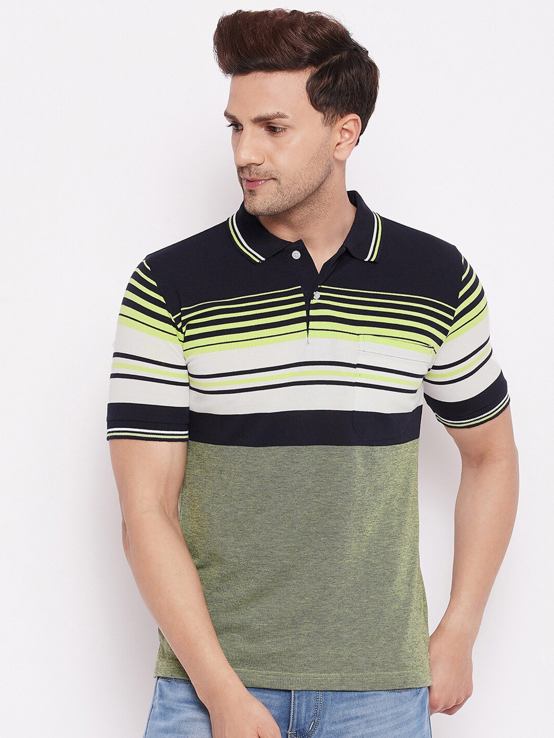 

FirstKrush Men Green & Navy Blue Striped Polo Collar T-shirt