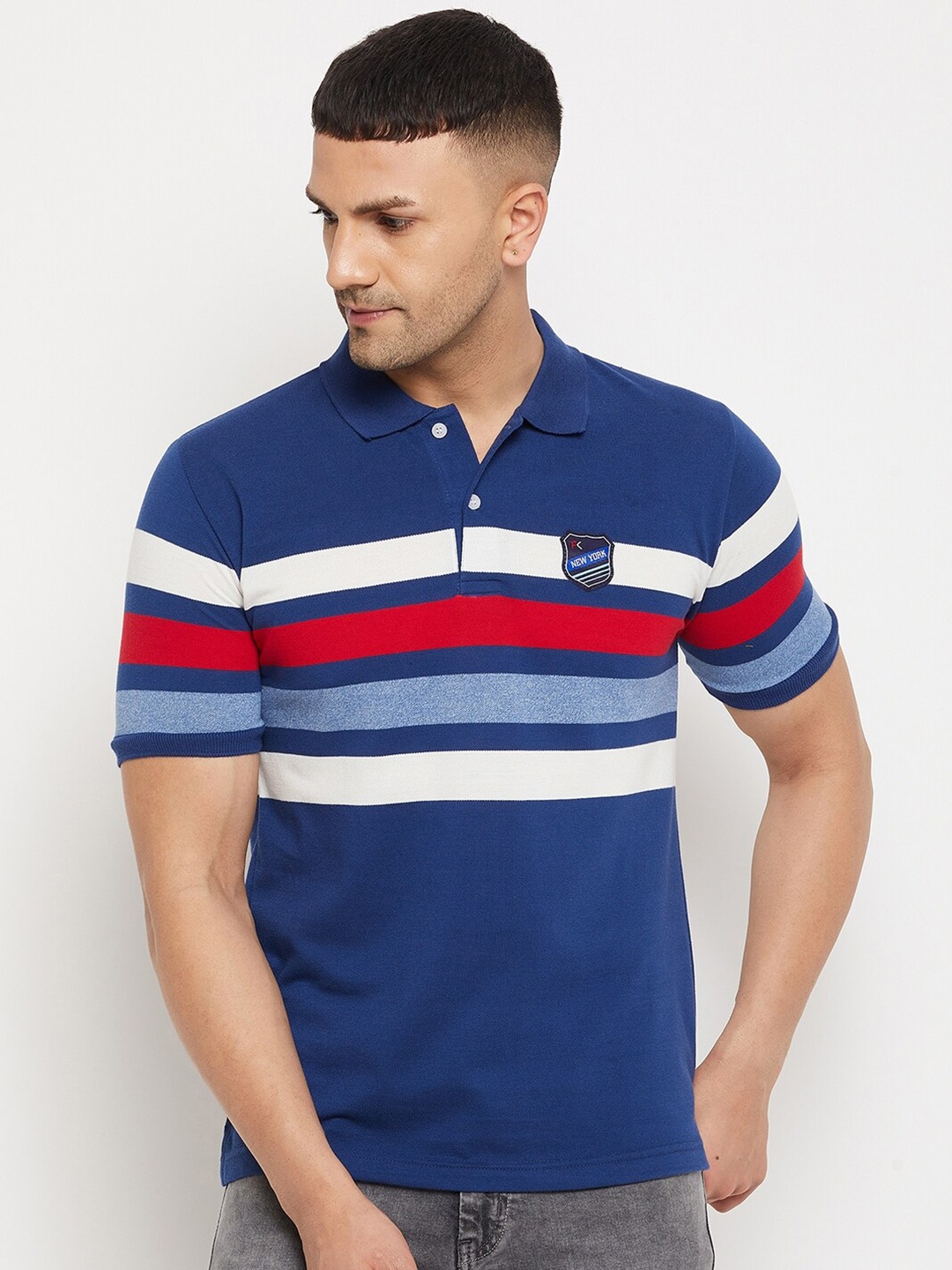 

FirstKrush Men Blue Striped Polo Collar Cotton T-shirt