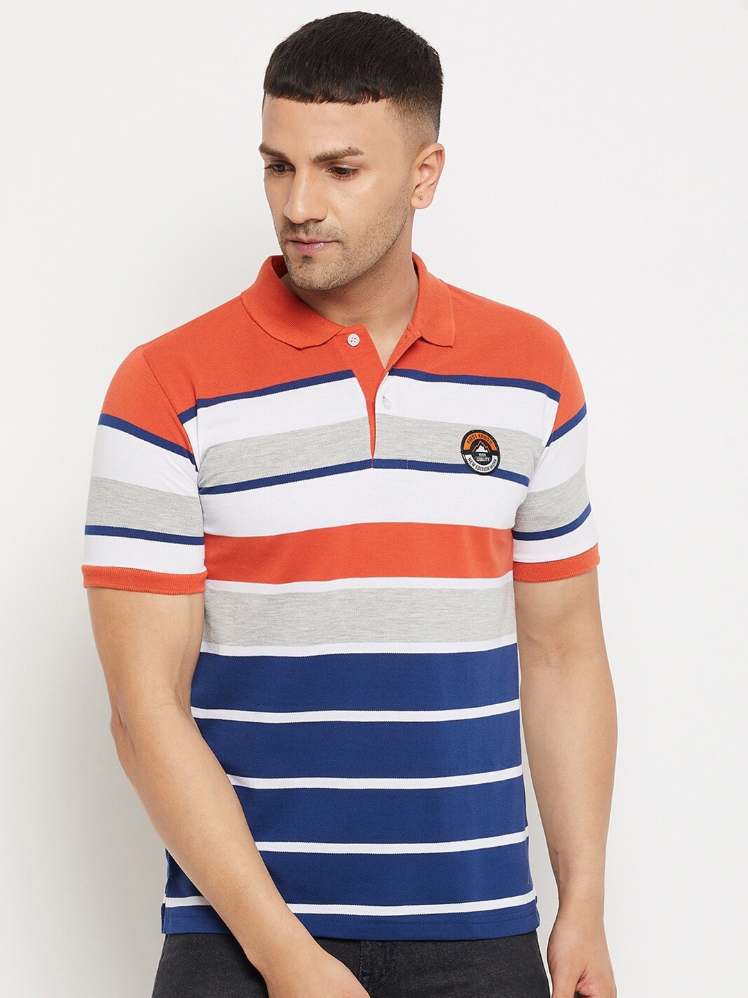 

FirstKrush Men Orange & Grey Striped Polo Collar Cotton T-shirt