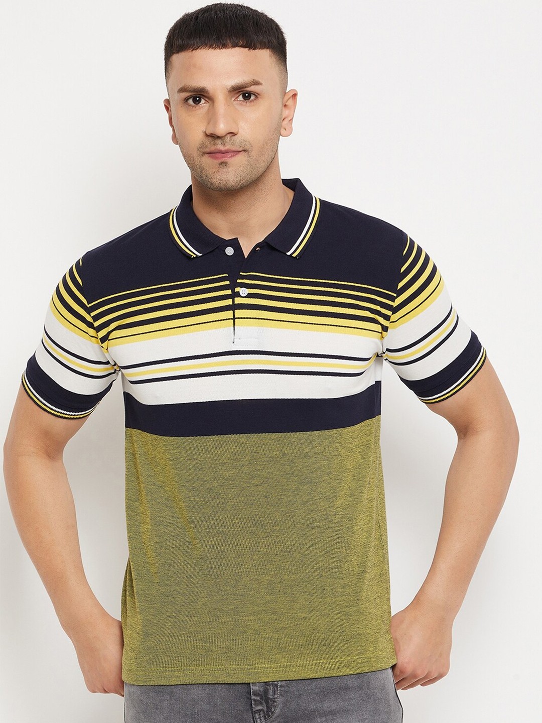 

FirstKrush Men Yellow & Navy Blue Striped Polo Collar T-shirt