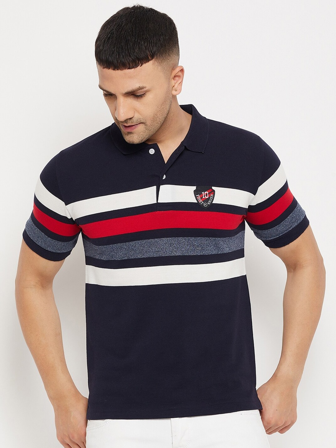 

FirstKrush Men Navy Blue & White Regular Fit Cotton Striped Polo Collar T-shirt