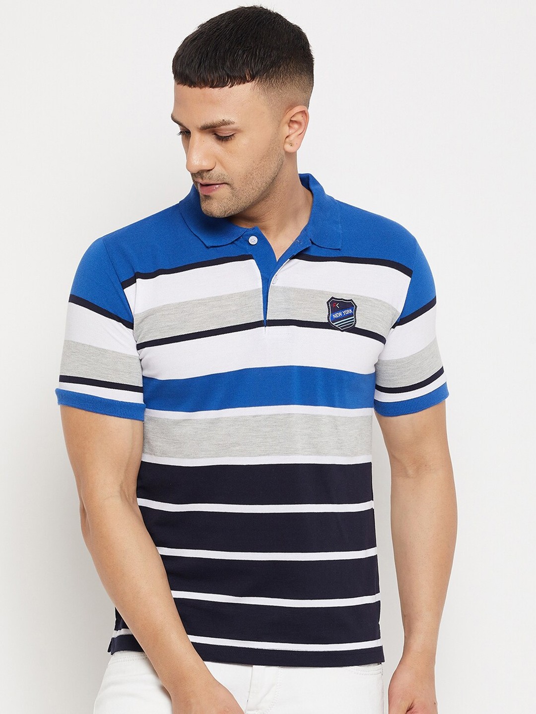 

FirstKrush Men Blue Striped Polo Collar T-shirt