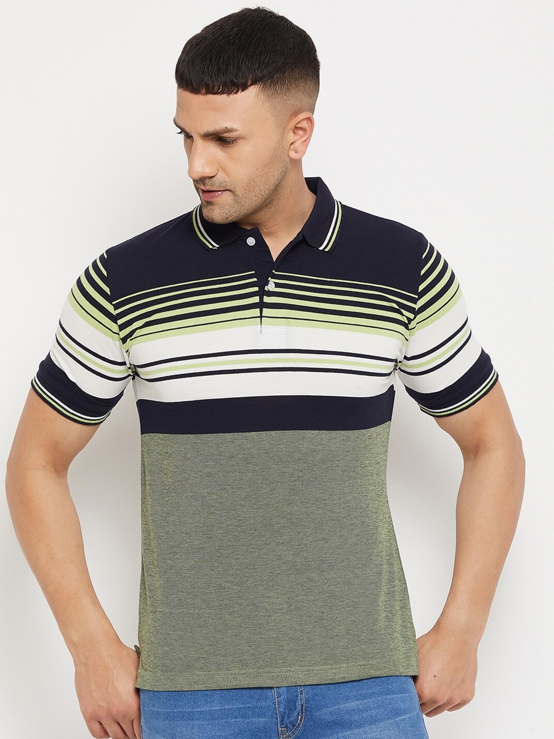 

FirstKrush Men Green & White Striped Polo Collar T-shirt