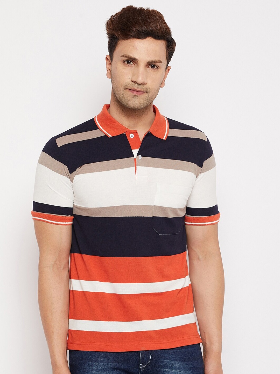 

FirstKrush Men Navy Blue Striped Polo Collar T-shirt