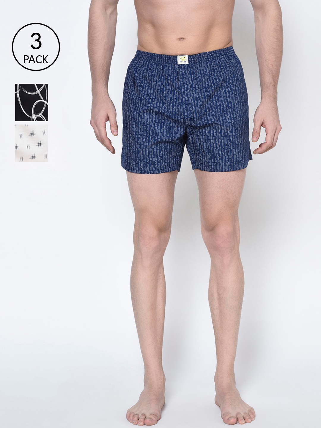 

SI2 SLIP IN 2 Men Pack of 3 Printed Pure Cotton Boxers, Navy blue