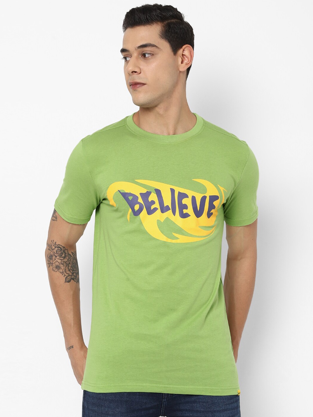 

FOREVER 21 Men Green Typography Printed Pure Cotton T-shirt