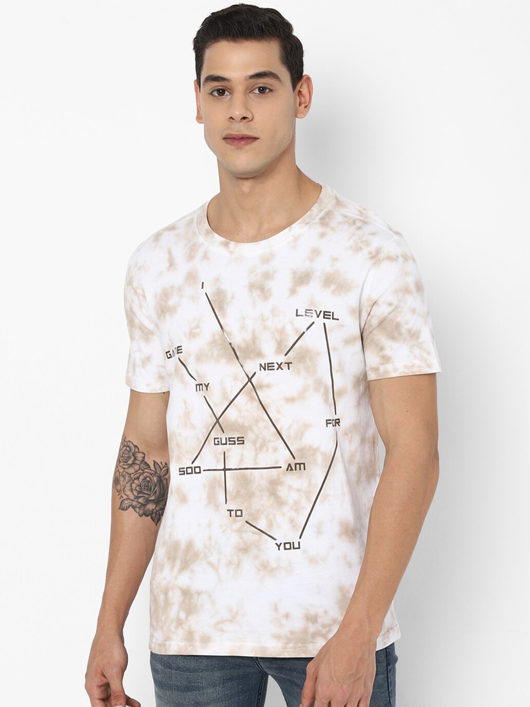 

FOREVER 21 Men White & Beige Dyed & Graphic Print Cotton T-shirt