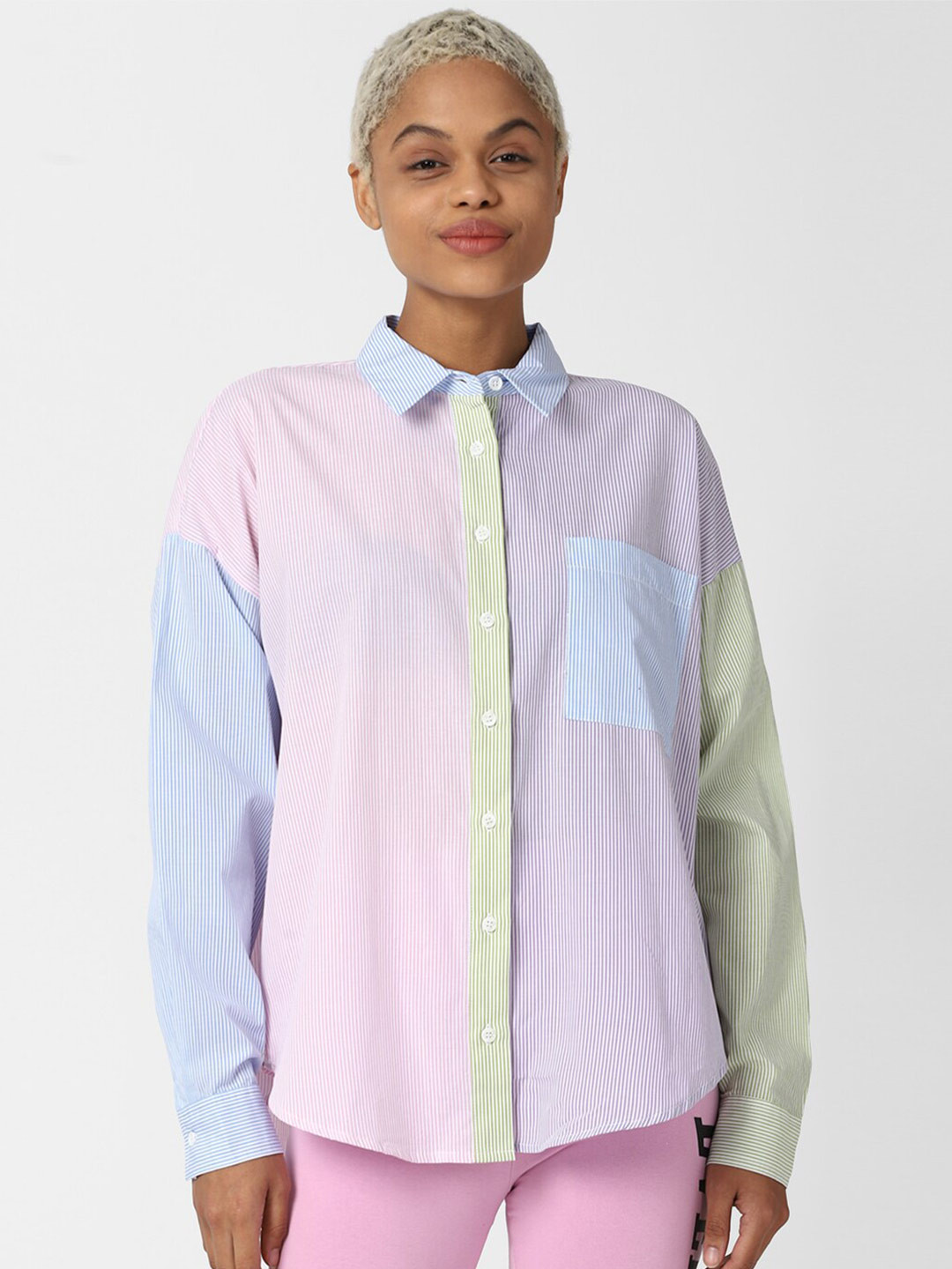 

FOREVER 21 Women Purple & Blue Striped Cotton Casual Shirt