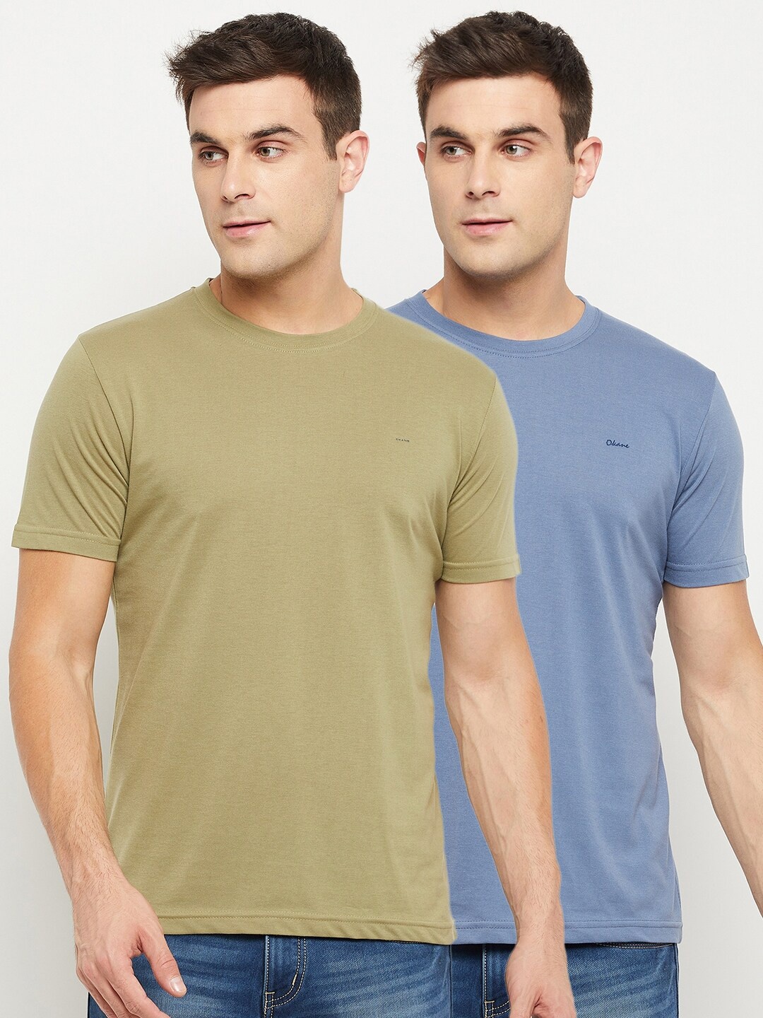 

Okane Men Olive Green & Blue Pack of 2 Cotton Blend T-shirt