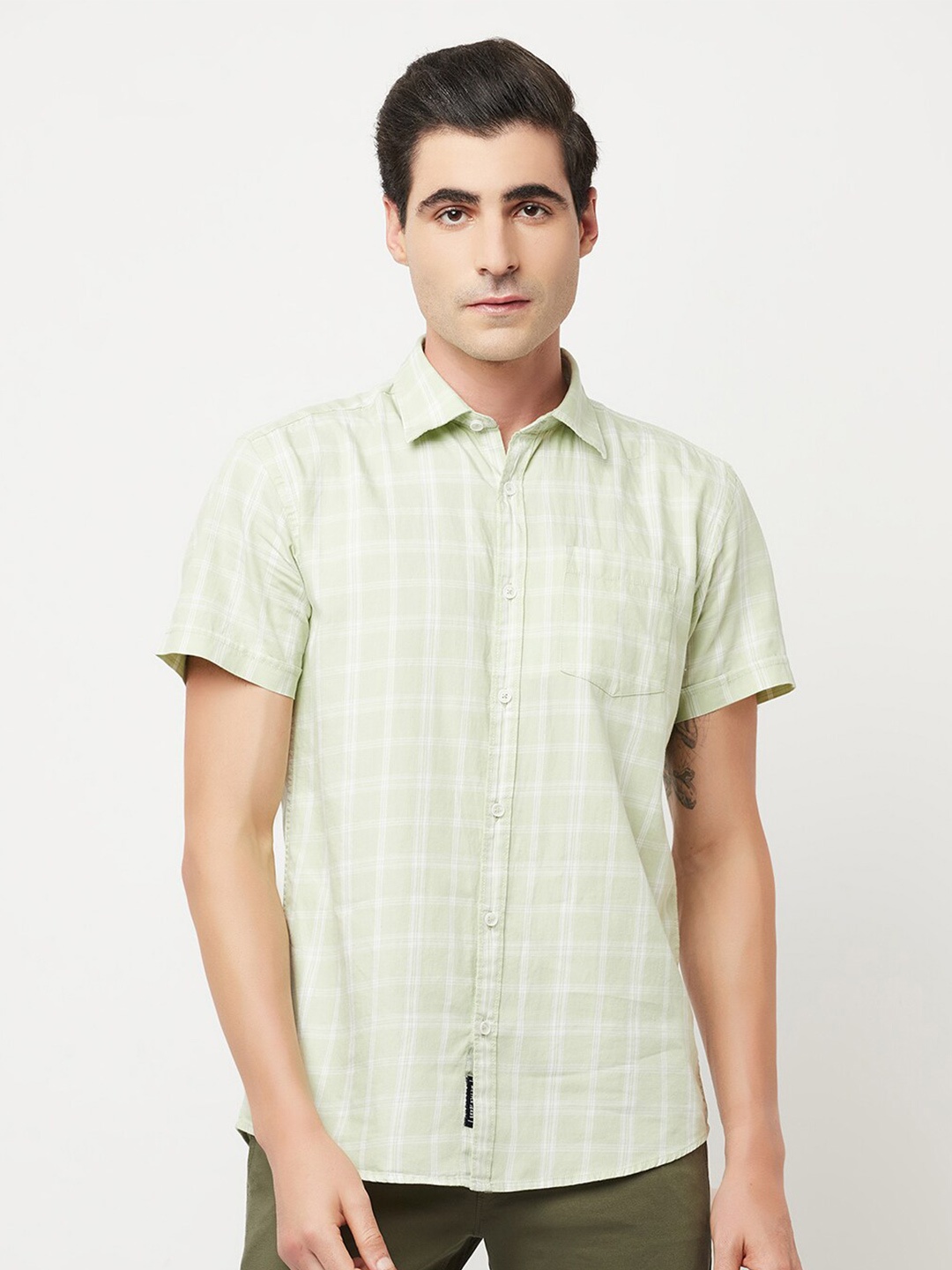 

METTLE Men Olive Green Tartan Checks Checked Cotton Casual Shirt