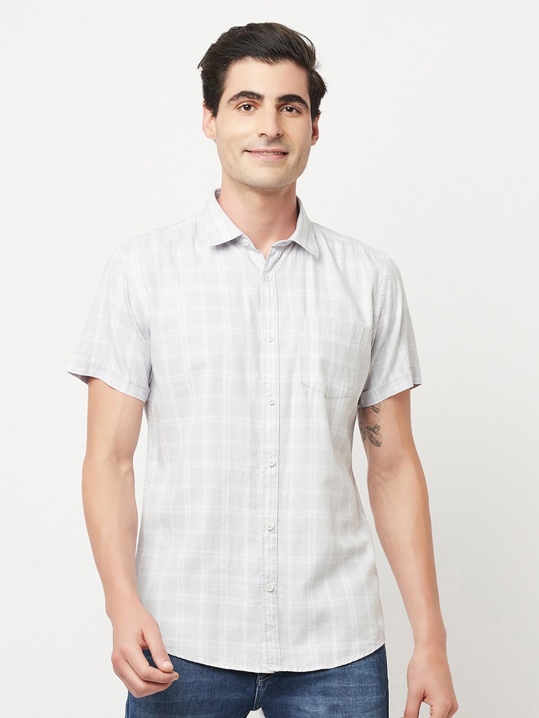 

METTLE Men Grey Grid Tattersall Checks Checked Cotton Casual Shirt