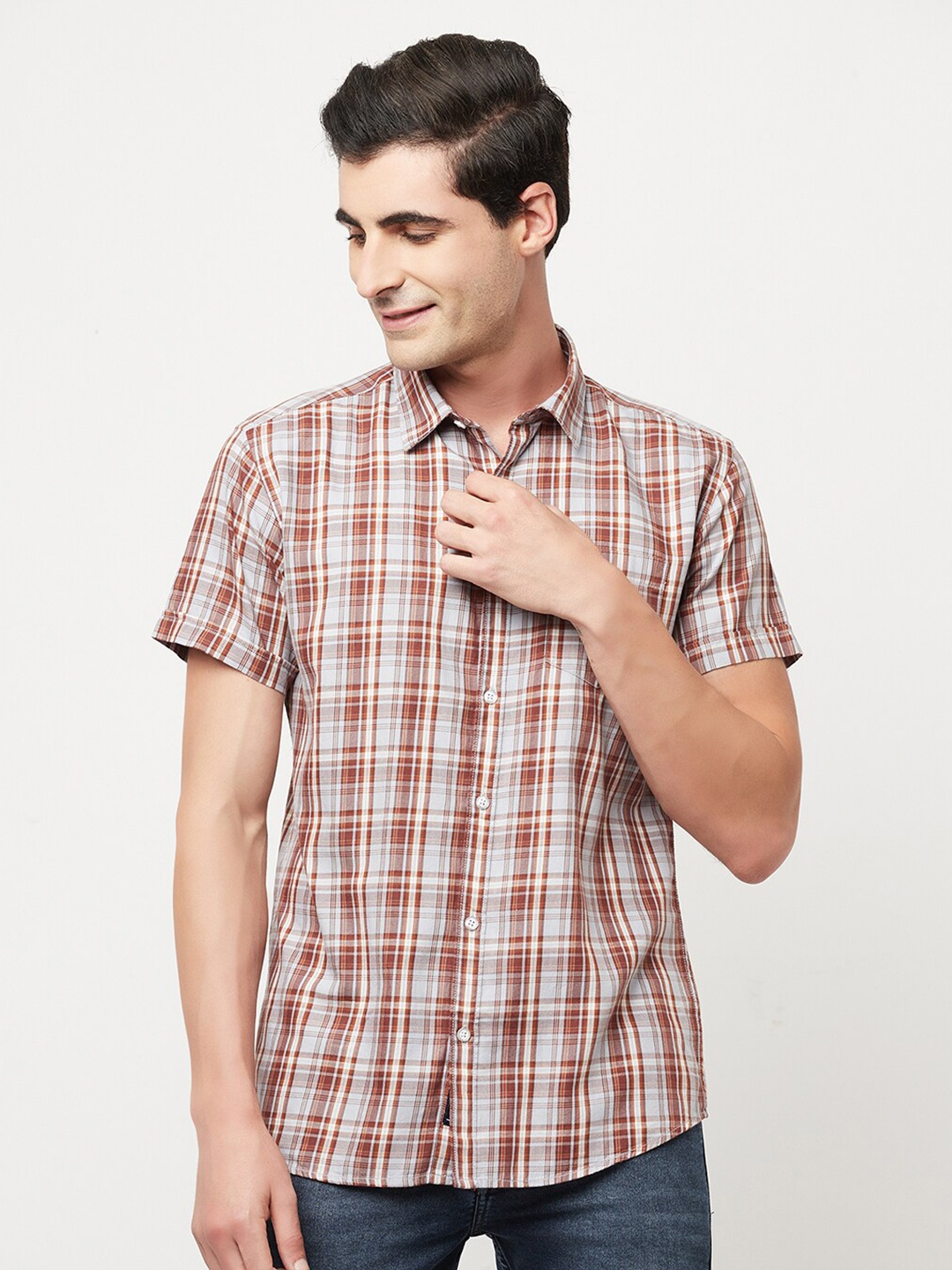 

METTLE Men Grey Tartan Checks Checked Casual Shirt