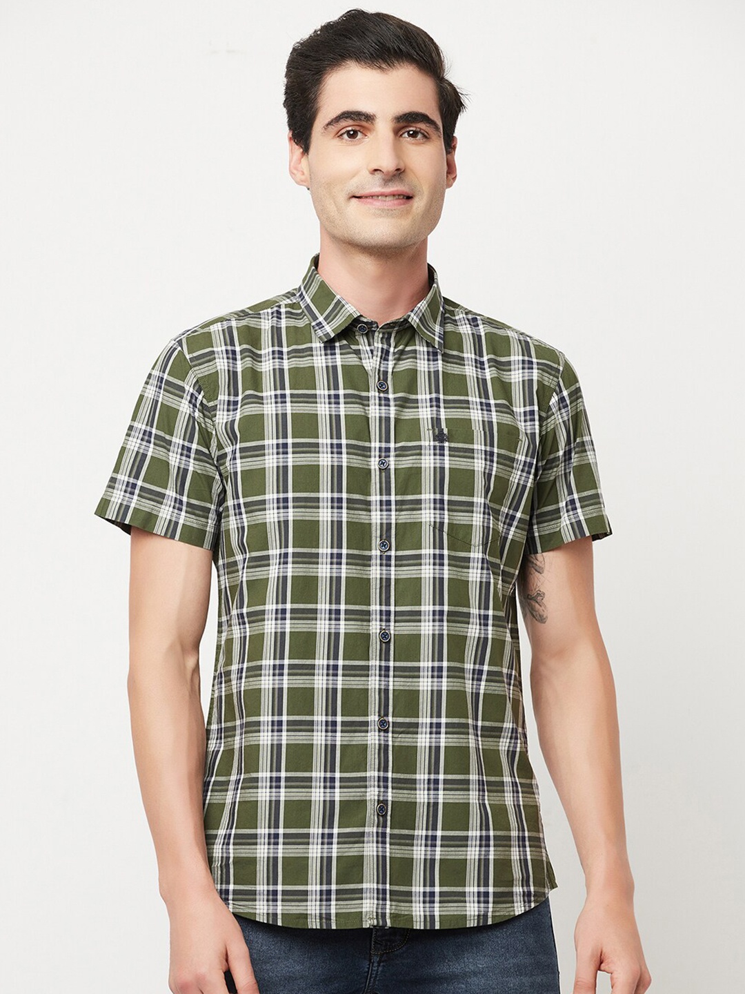 

METTLE Men Olive Green & White Tartan Checked Cotton Casual Shirt