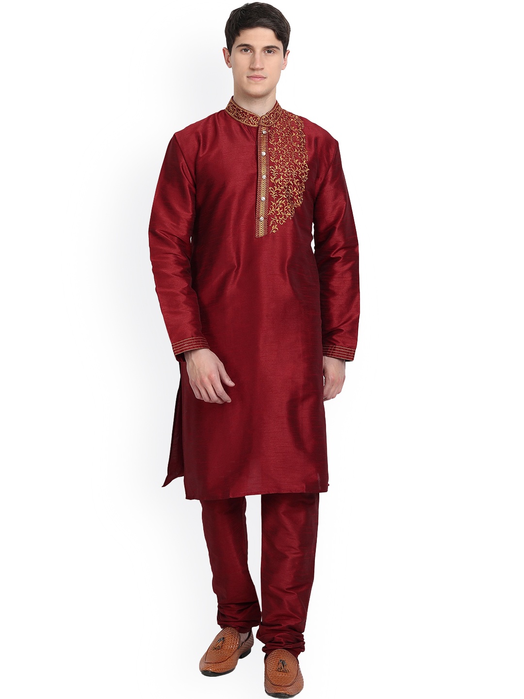 

Enciger Men Red Embroidered Detail Dupion Silk Kurta with Churidar