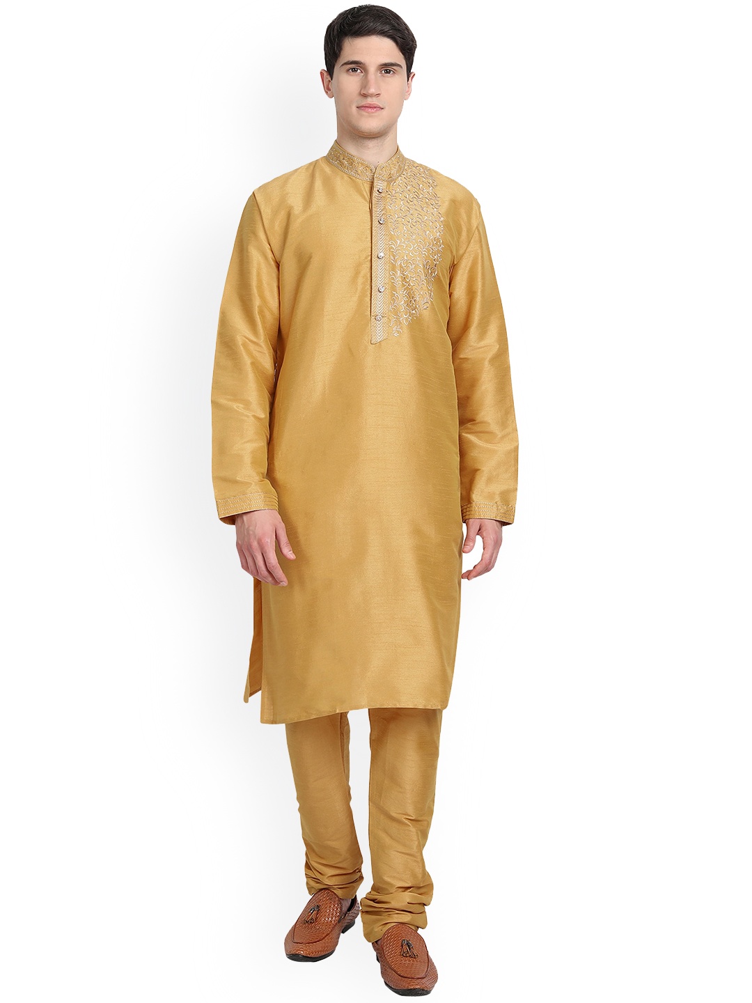 

Enciger Men Gold-Toned Ethnic Motifs Embroidered Thread Work Dupion Silk Kurta with Churidar
