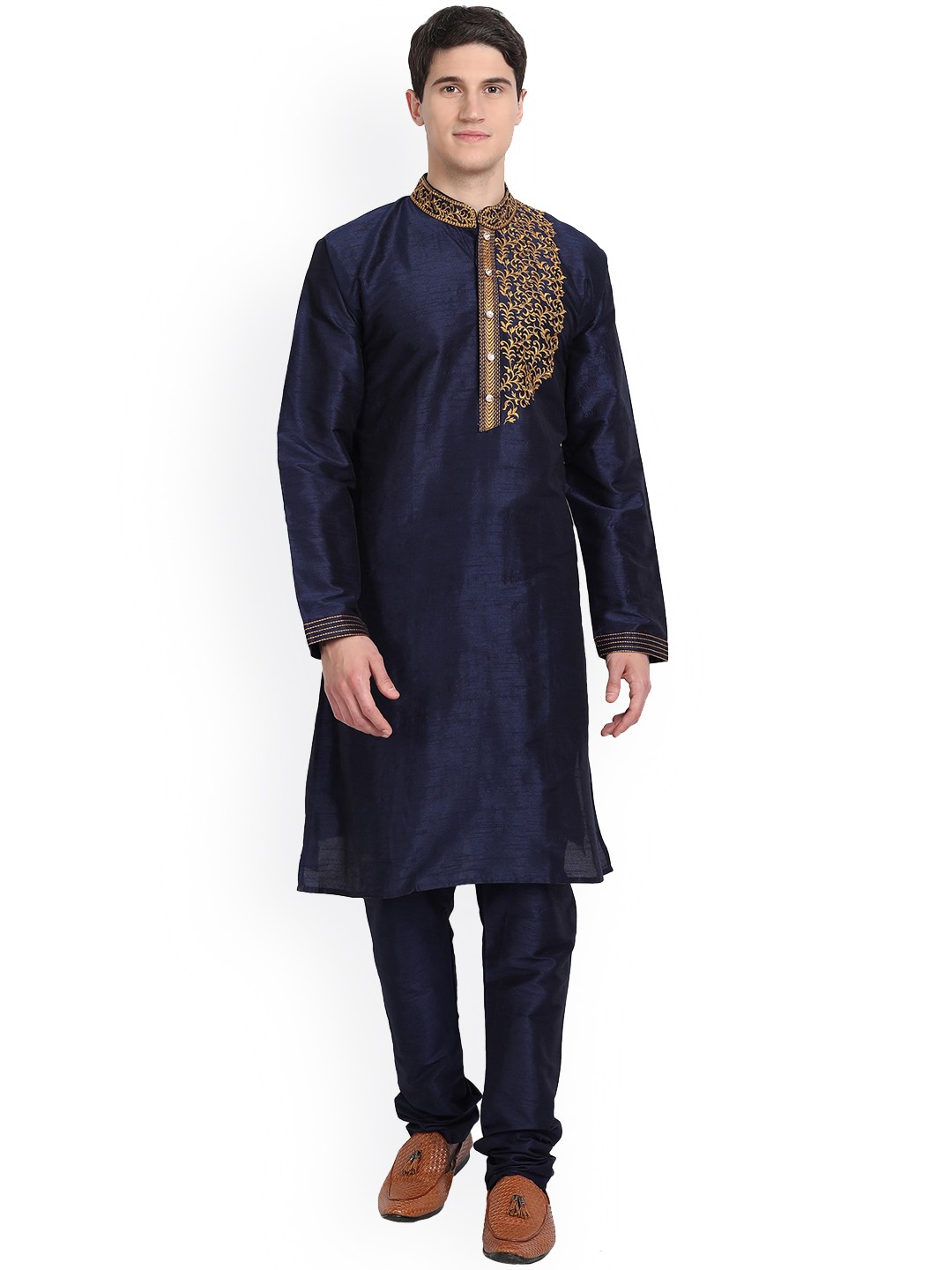 

Enciger Men Blue & Yellow Yoke Design Thread Work Dupion Silk Kurta with Churidar