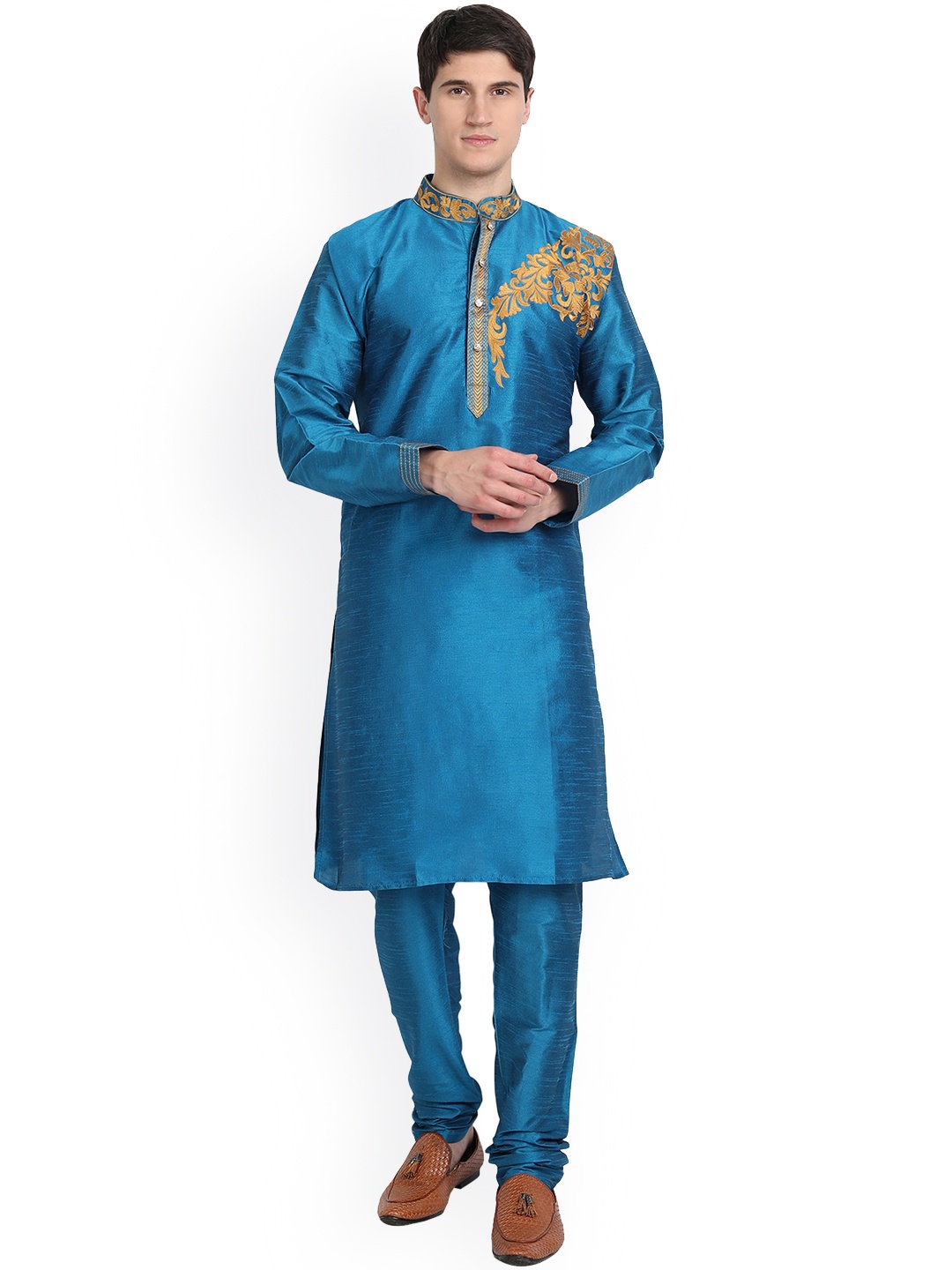 

Enciger Men Turquoise Blue Thread Work Dupion Silk Kurta with Churidar