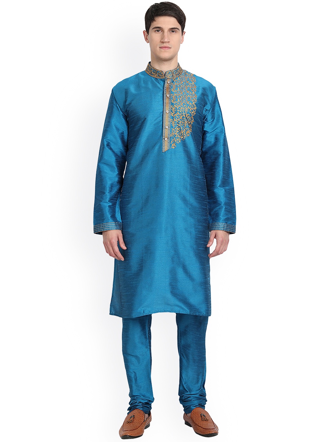 

Enciger Men Turquoise Blue Floral Embroidered Thread Work Dupion Silk Kurta with Churidar