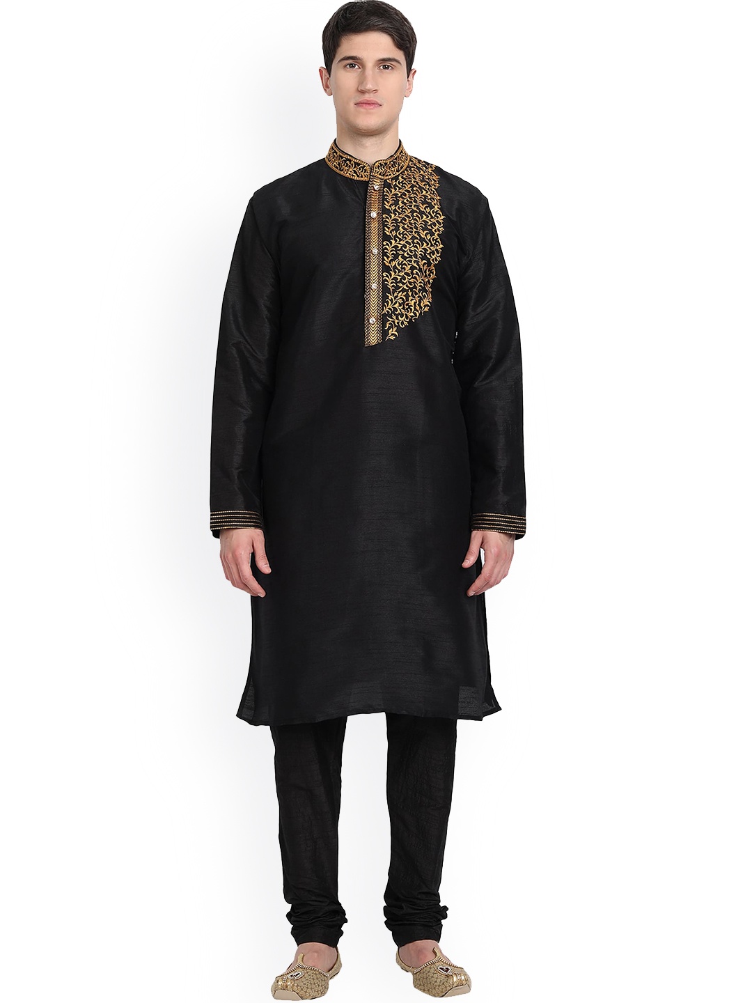 

Enciger Men Black Ethnic Motifs Mandarin Collar Dupion Silk Straight Kurta with Churidar