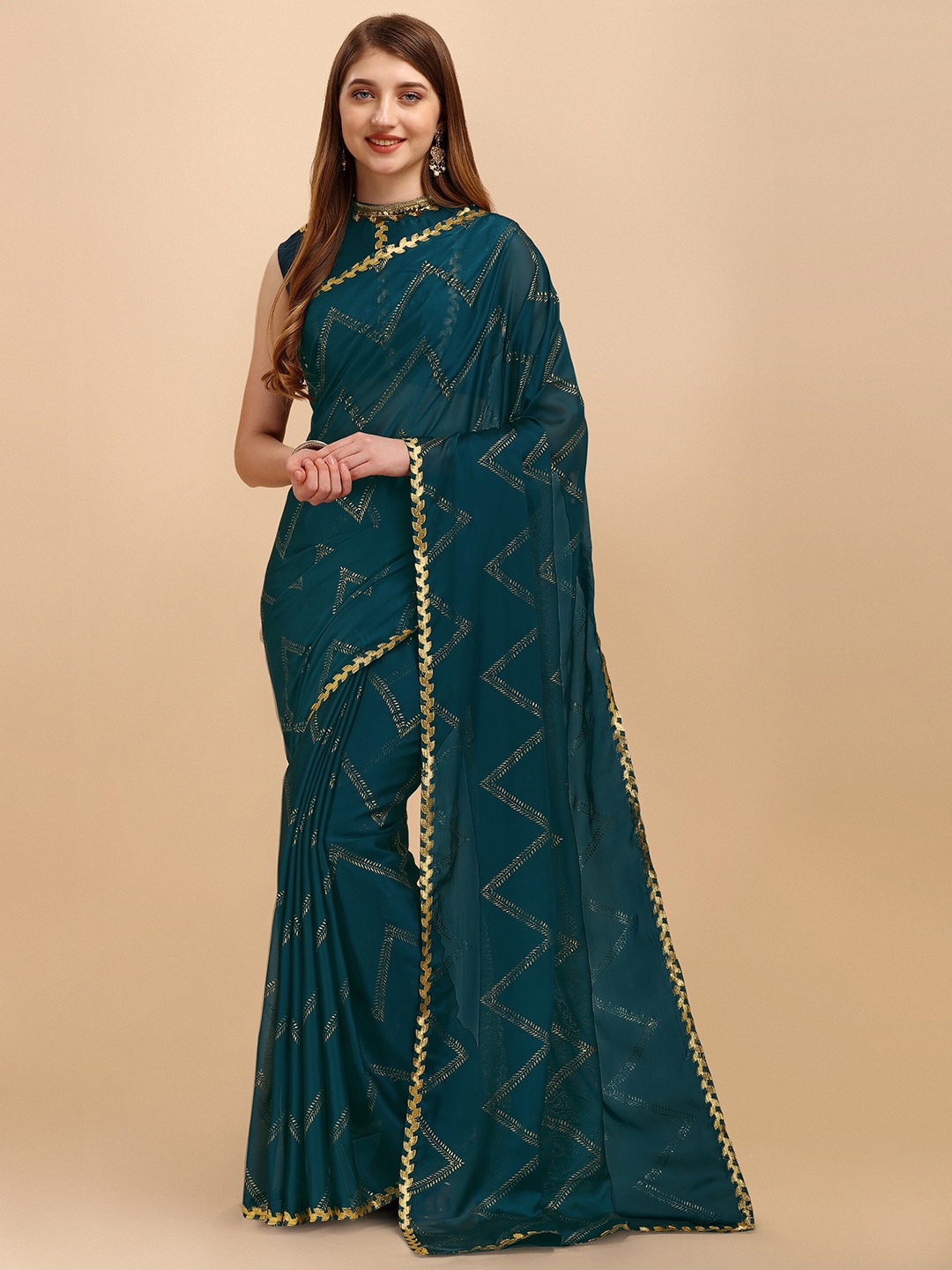 

Iris Teal & Gold-Toned Embroidered Silk Cotton Block Print Saree