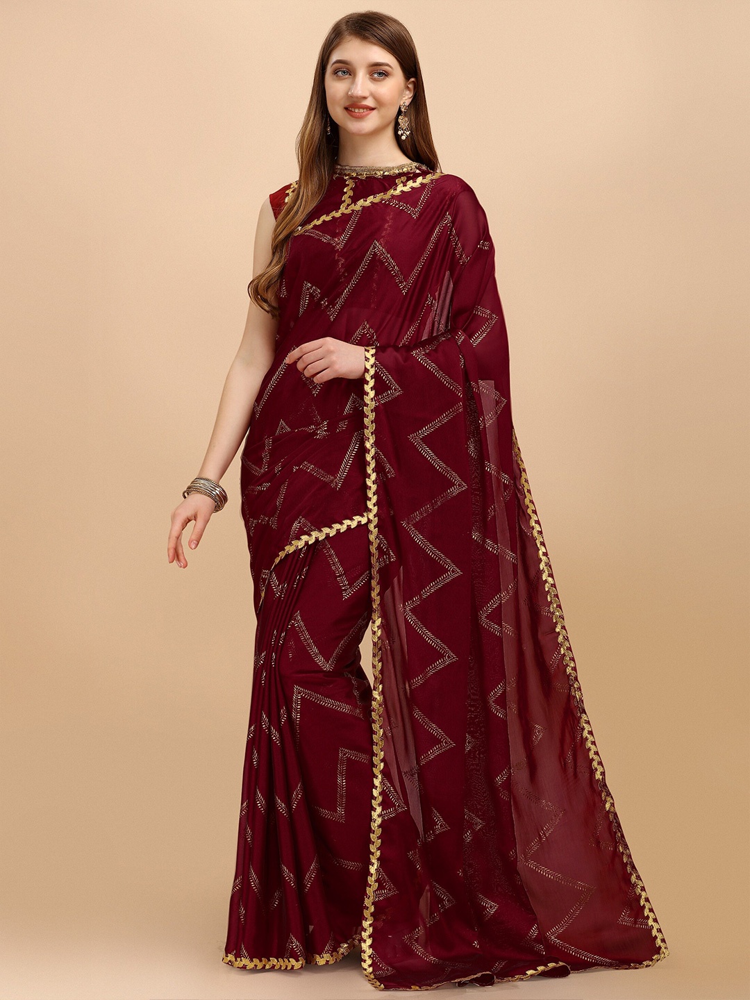 

Iris Maroon & Gold-Toned Floral Embroidered Silk Cotton Block Print Saree