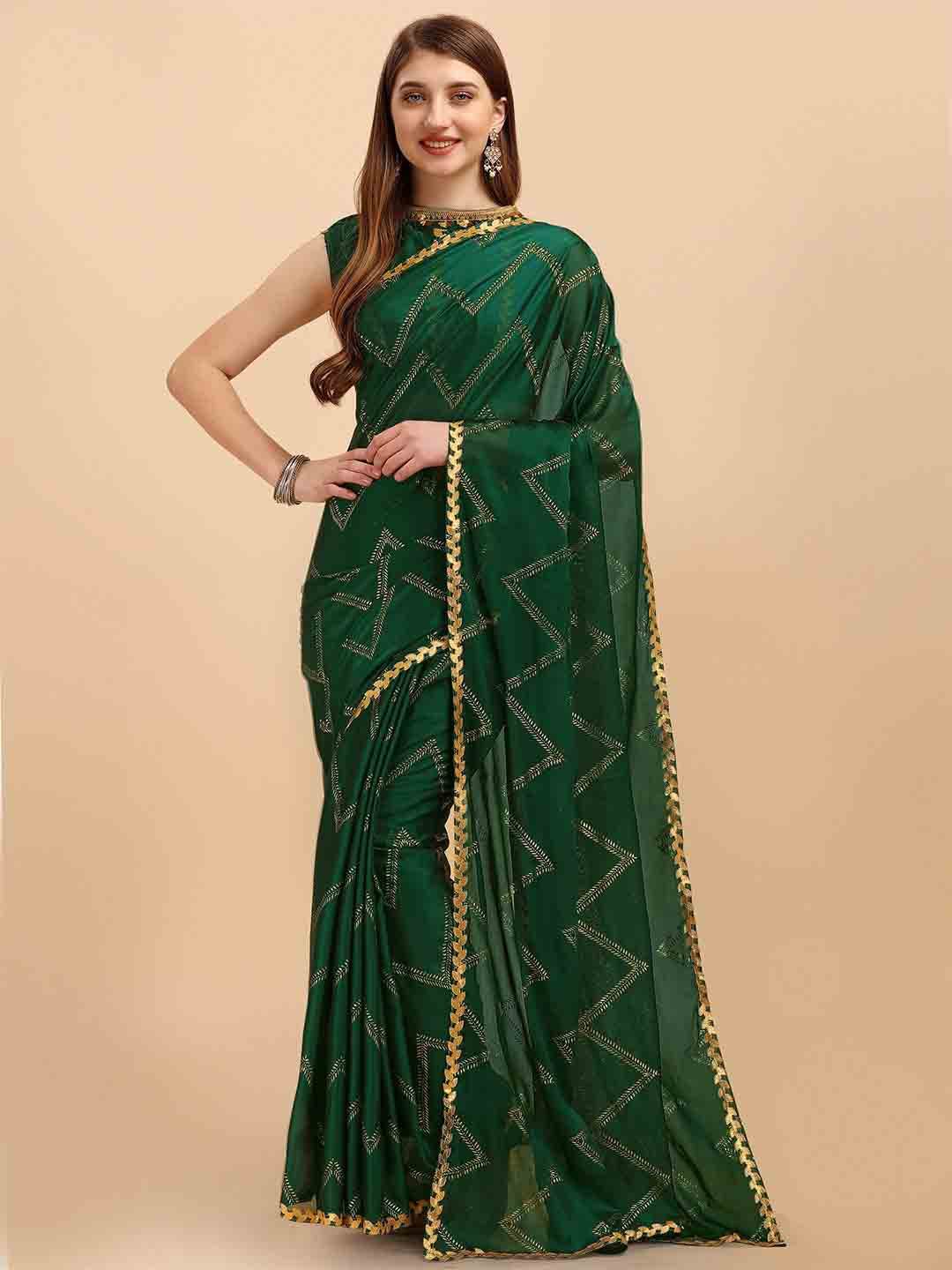 

Iris Women Green Block Printed Embroidered Border Cotton Silk Saree