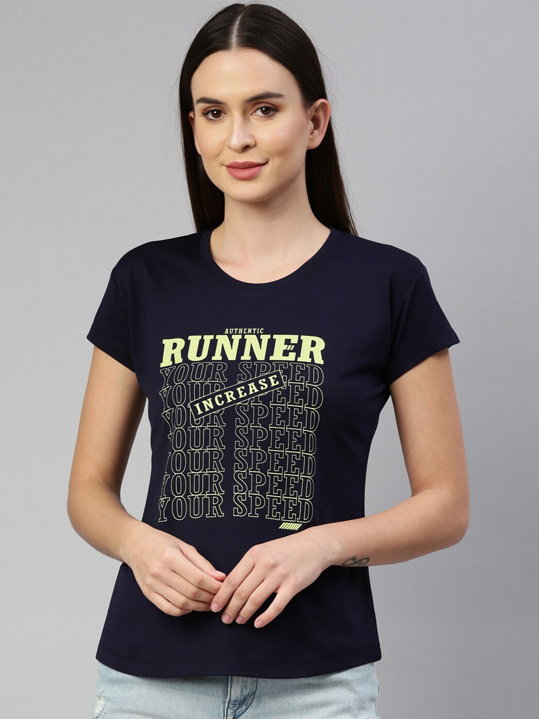 

GOLDSTROMS Women Navy Blue Typography Printed Training or Gym T-shirt