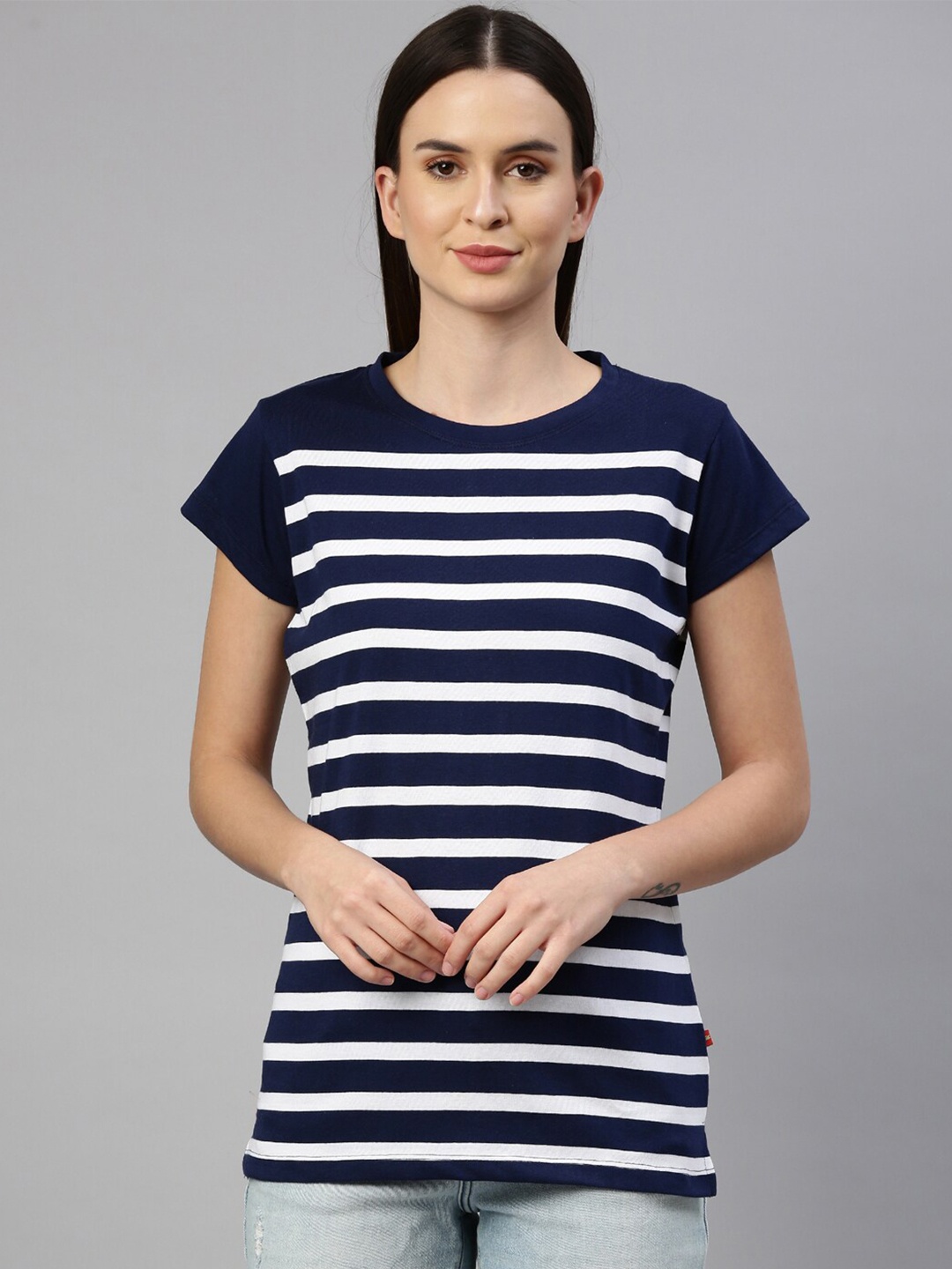 

GOLDSTROMS Women Navy Blue Striped Training or Gym T-shirt