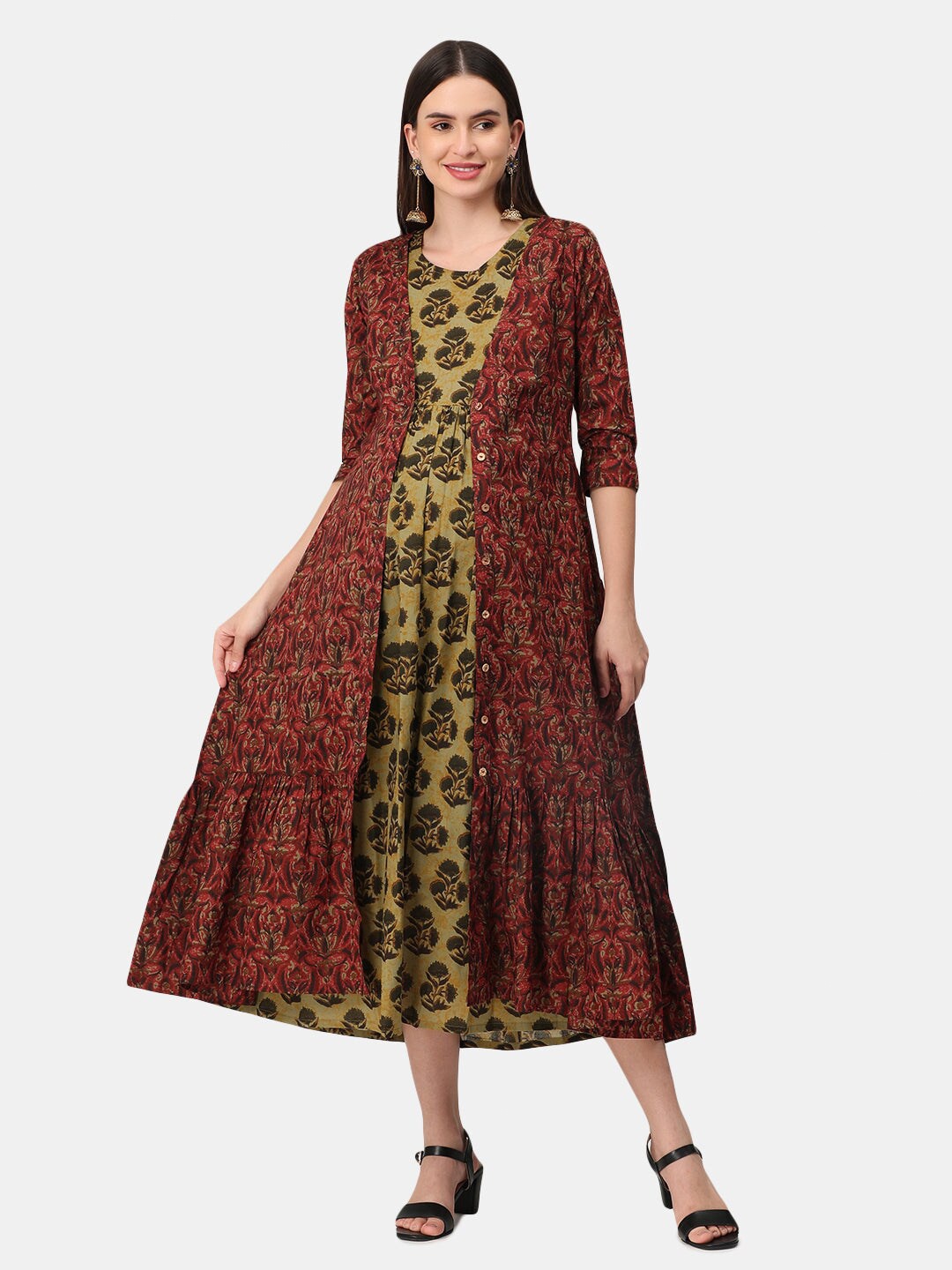

The Mom Store Maternity Women Maroon & Green Ethnic Motifs Cotton Dress