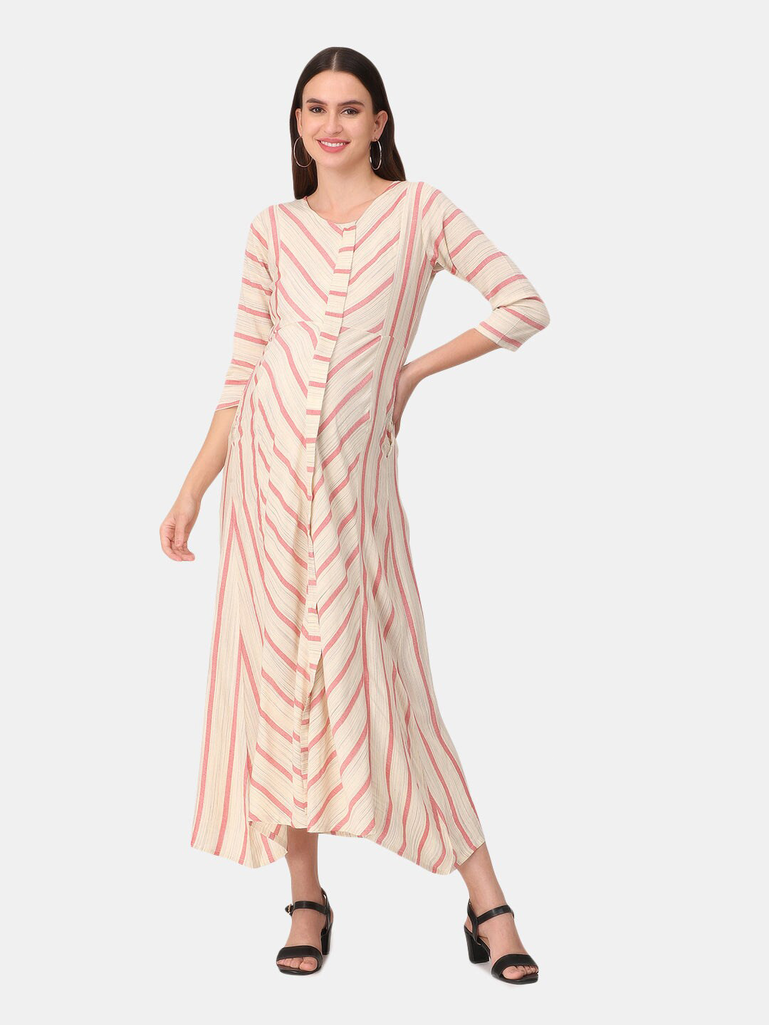 

The Mom Store Cream-Coloured & Pink Striped Liva Maternity Maxi Dress
