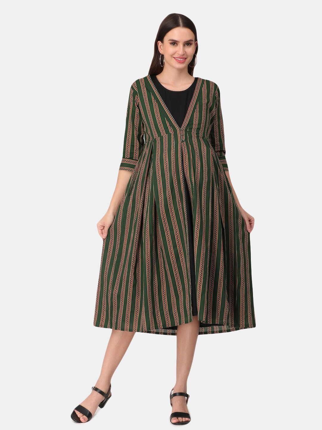 

The Mom Store Black & Green Striped Maternity Cotton Midi Dress
