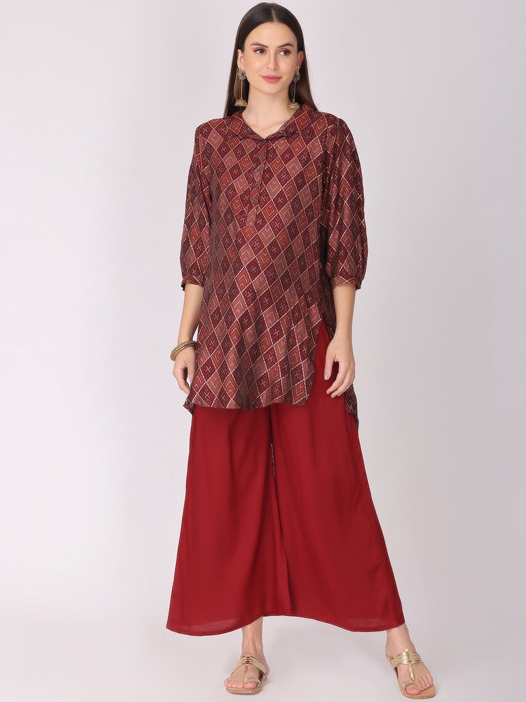 

The Mom Store Women Maroon Embroidered Angrakha Dupion Silk Maternity Kurti with Palazzos