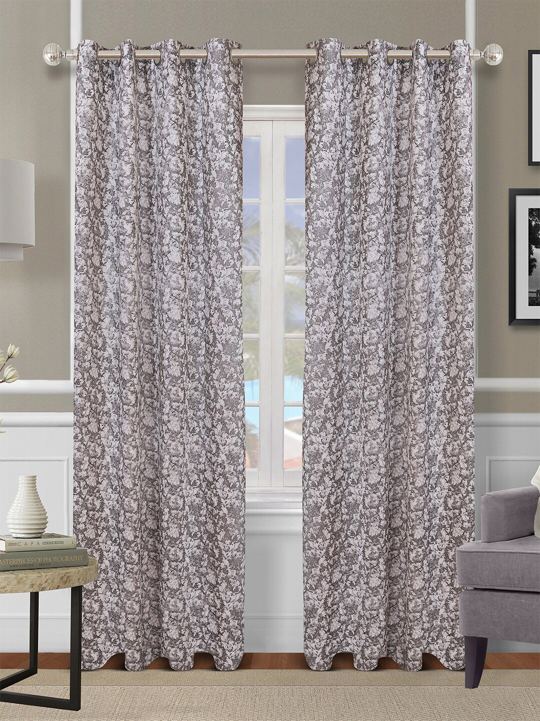 

ROMEE Grey & White Set of 2 Floral Room Darkening Door Curtain