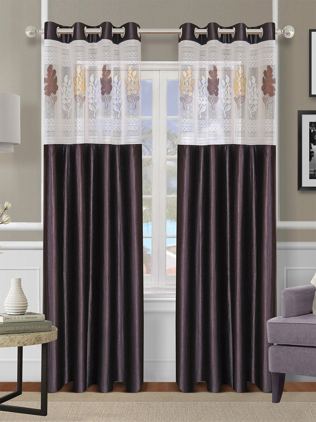 

ROMEE Brown & White Set of 2 Floral Sheer Door Curtain