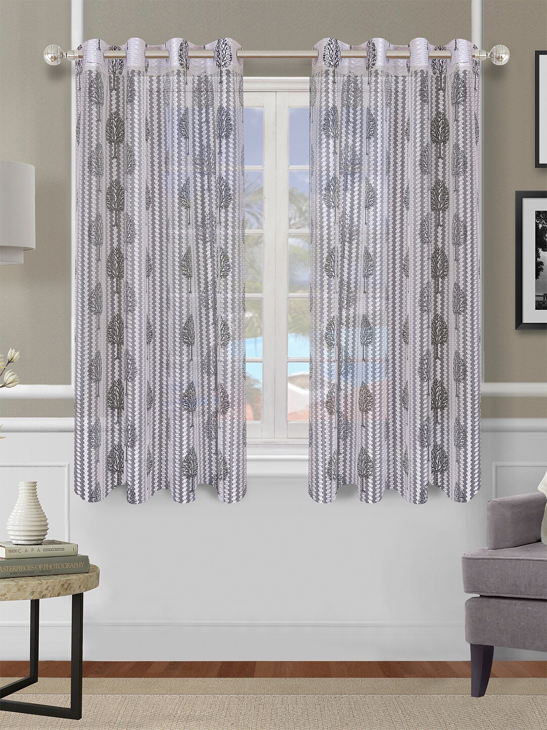 

ROMEE Off White & Grey Set of 2 Floral Sheer Window Curtain