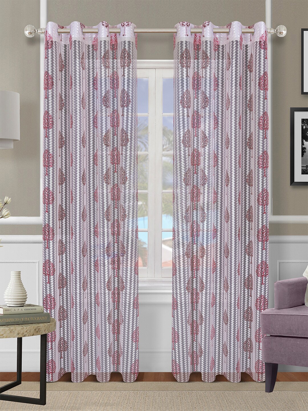 

ROMEE Off White & Red Set of 2 Floral Sheer Door Curtain