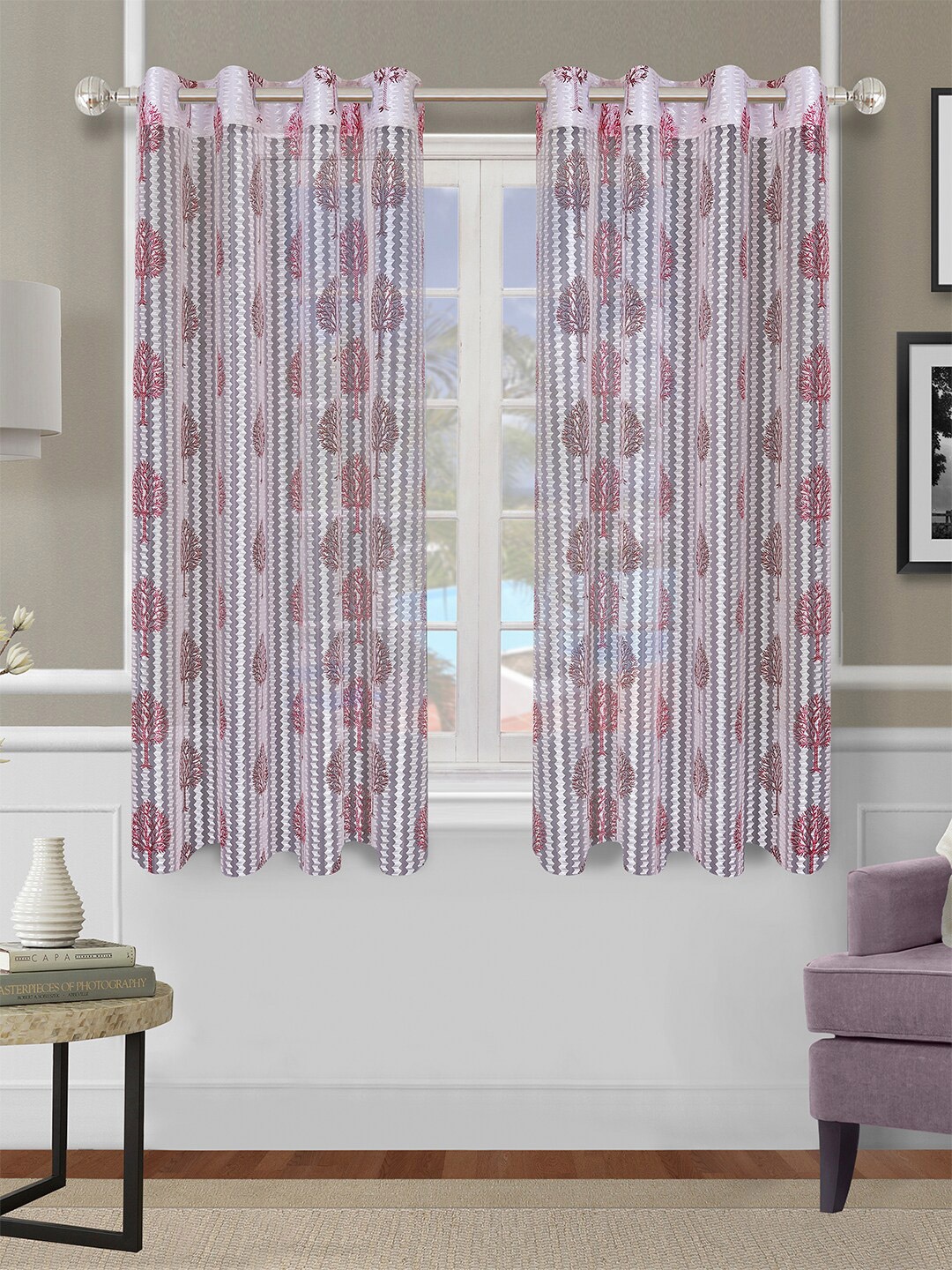 

ROMEE Set of 2 Off White & Red Floral Sheer Window Curtains