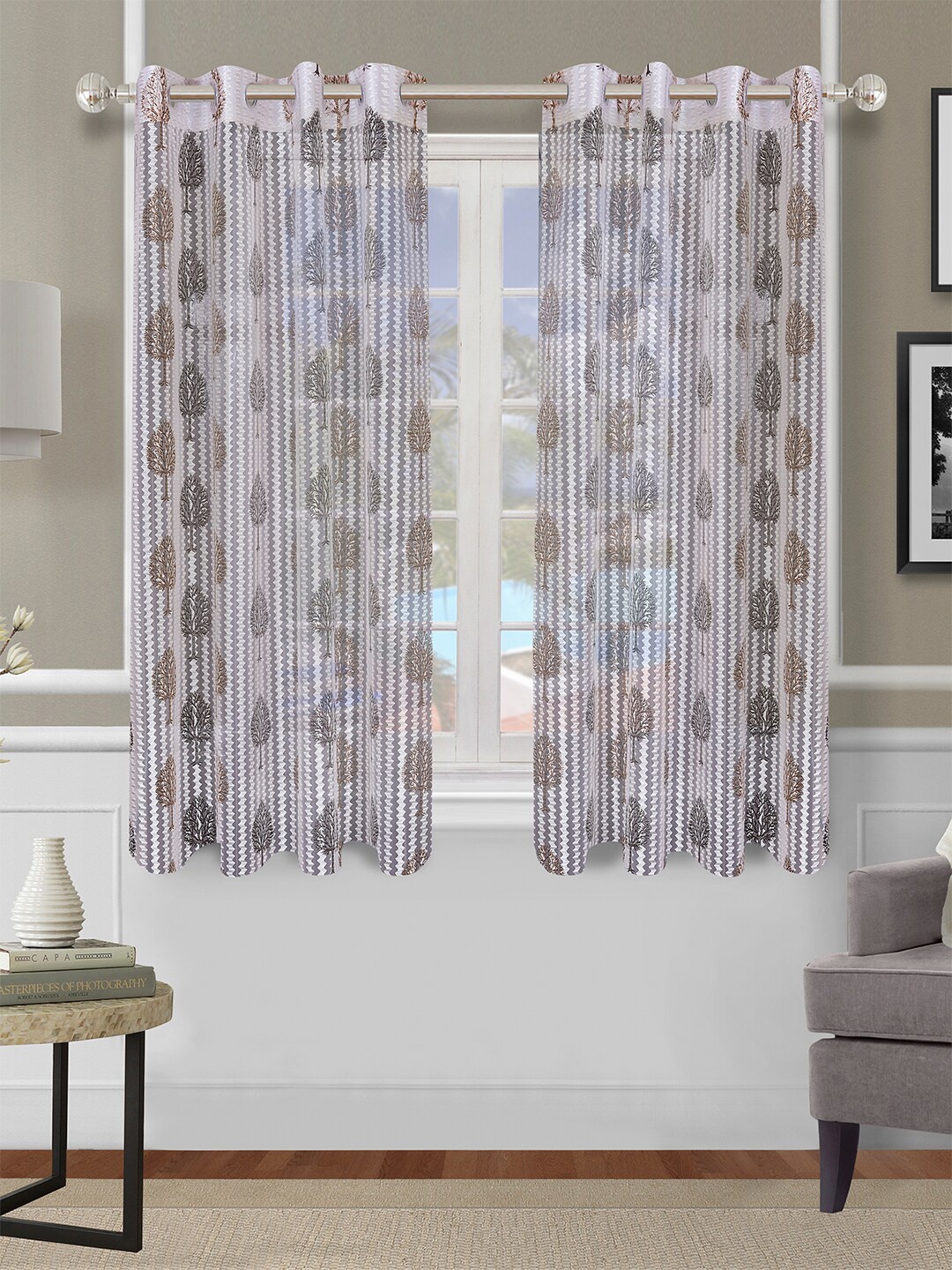 

ROMEE Off White & Brown Set of 2 Floral Sheer Window Curtain