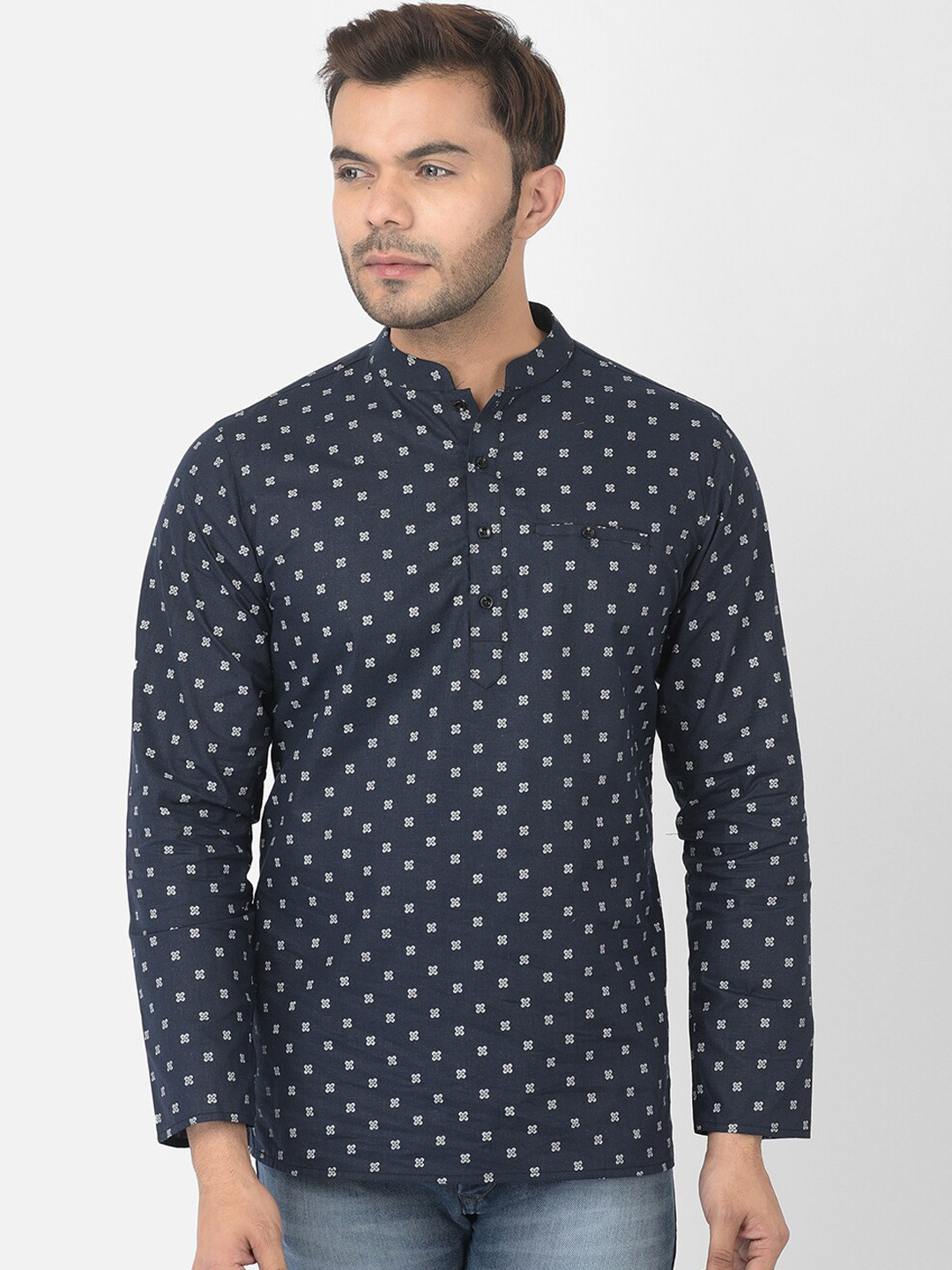 

DEYANN Men Navy Blue Geometric Patchwork Pathani Kurta