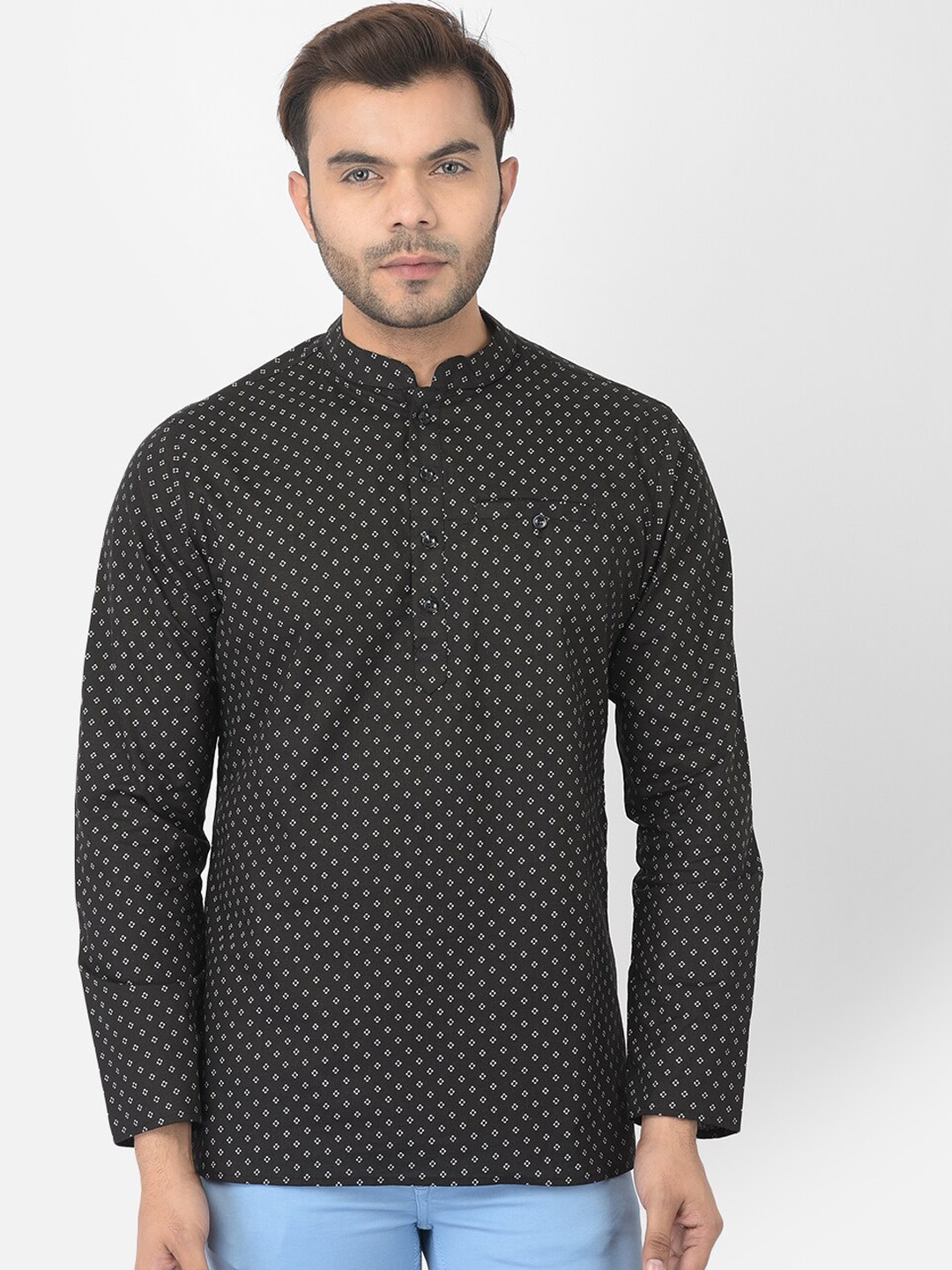 

DEYANN Men Black Micro Ditsy Printed Cotton Short Kurta