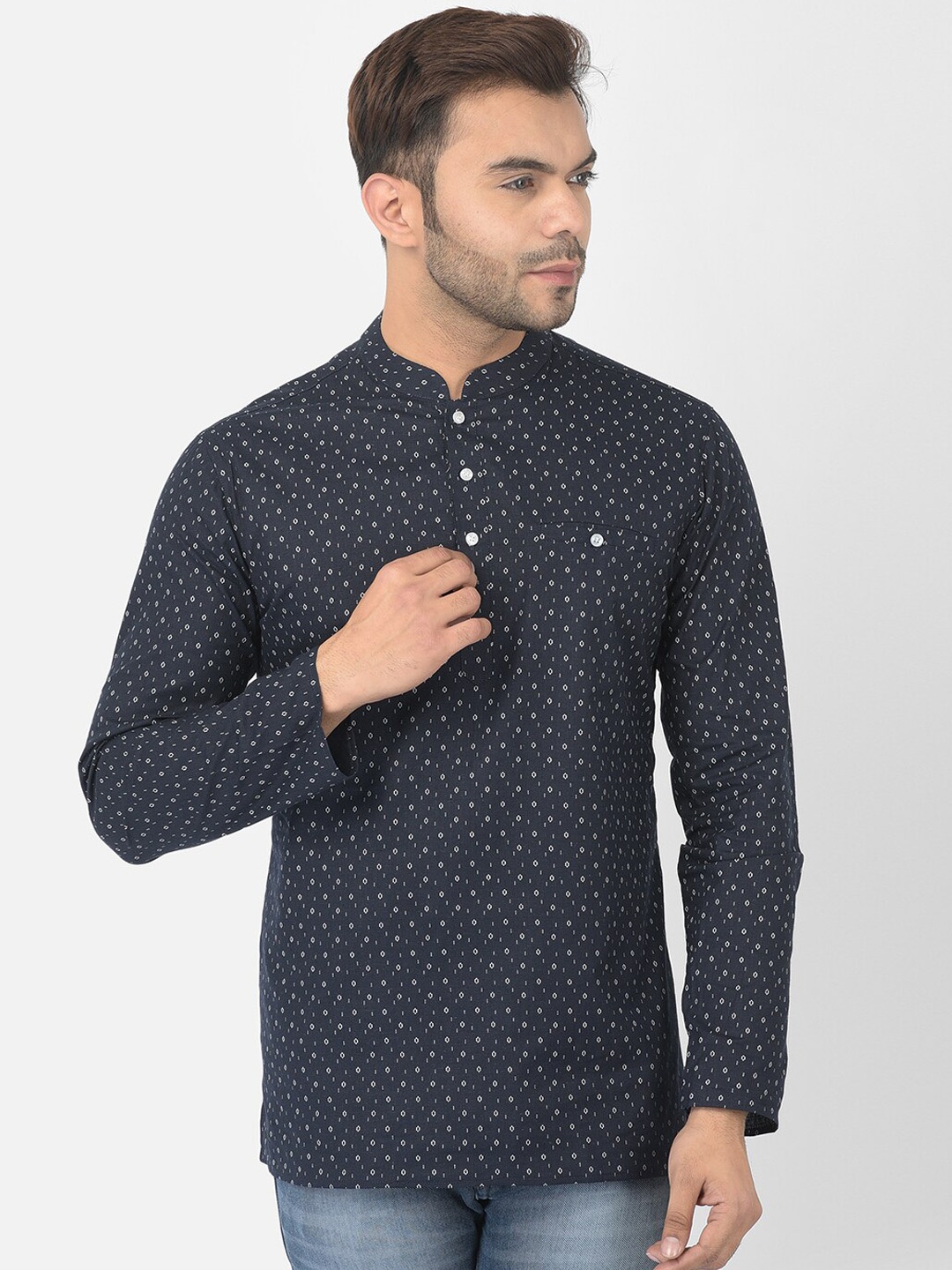

DEYANN Men Navy Blue Micro Ditsy Printed Cotton Short Kurta