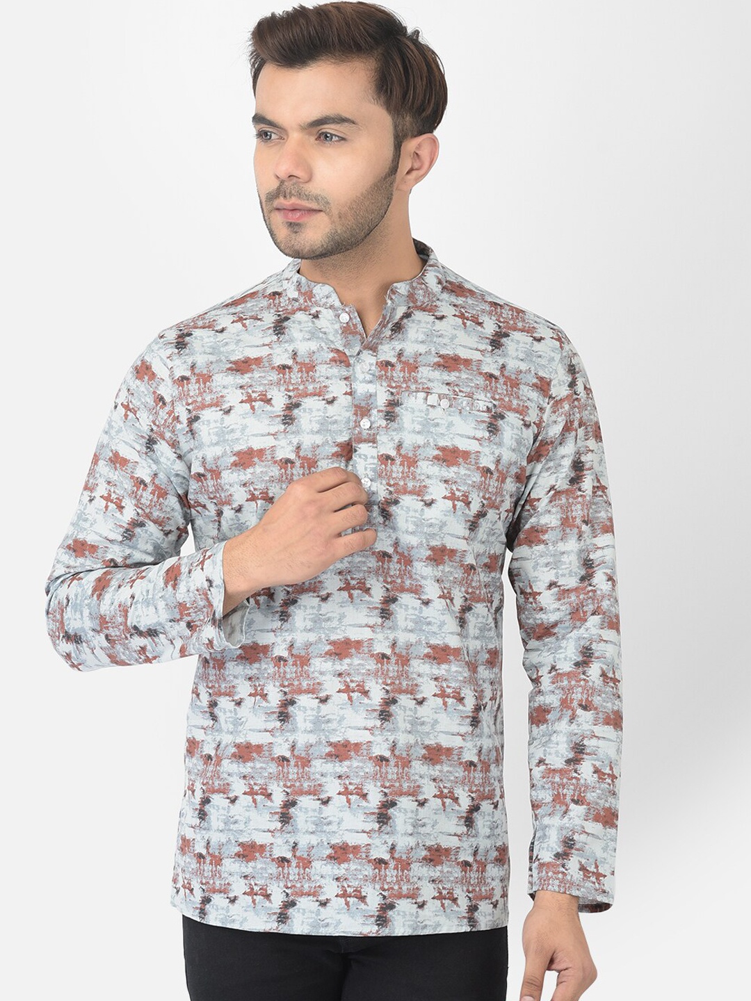 

DEYANN Men Grey & Brown Printed Mandarin Collar Cotton Straight Kurta