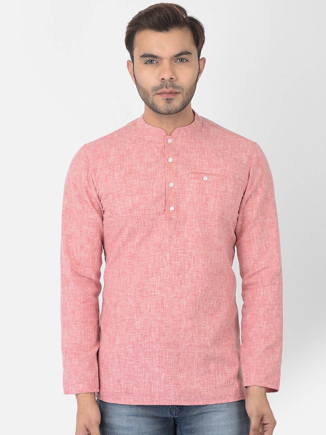 

DEYANN Men Pink Solid Mandarin Collar Straight Short Kurta