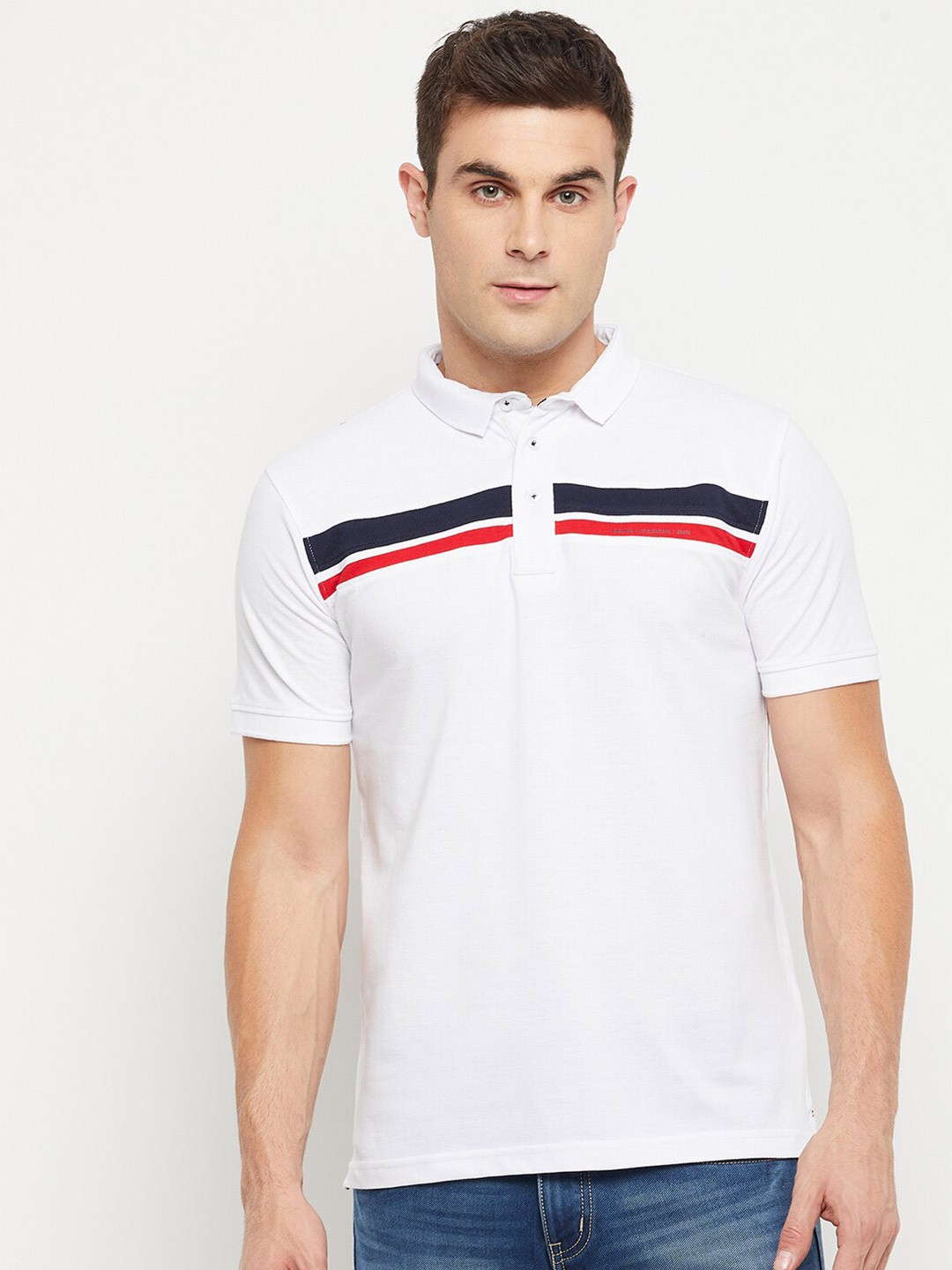 

Okane Men White Striped Polo Collar T-shirt