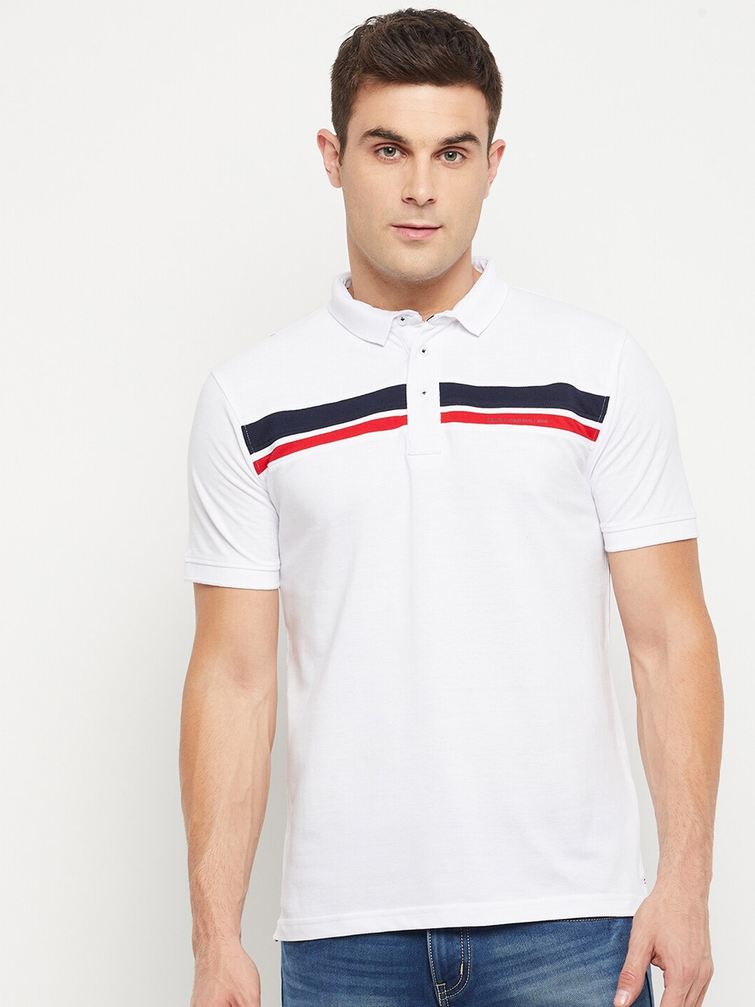 

Okane Men White & Navy Blue Striped Polo Collar T-shirt